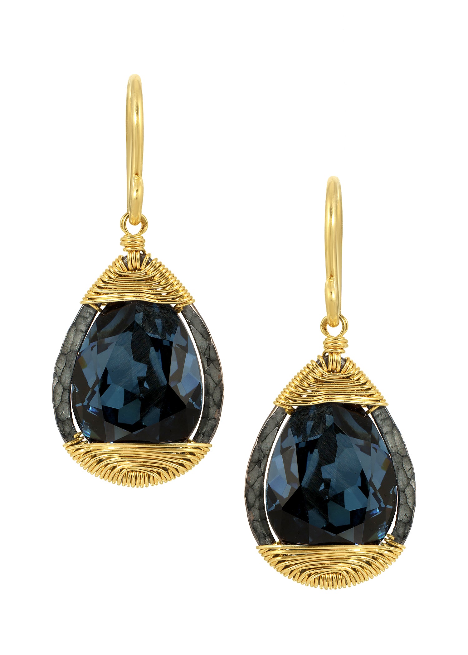 Teardrop crystal earrings with hand wire-wrapped 14k gold fill and blackened sterling silver on a white background.