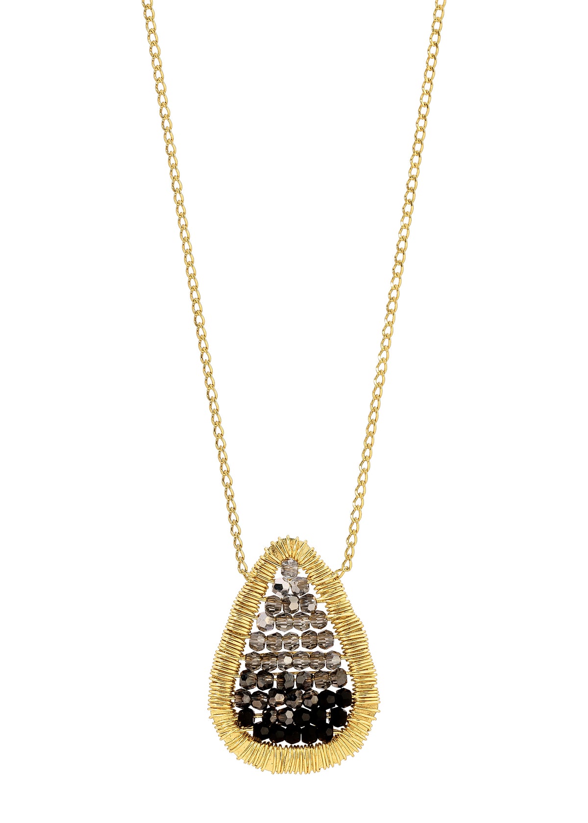 Ombre crystal abacus necklace in 14k gold fill with hand wire-wrapped teardrop pendant on a delicate curb chain.
