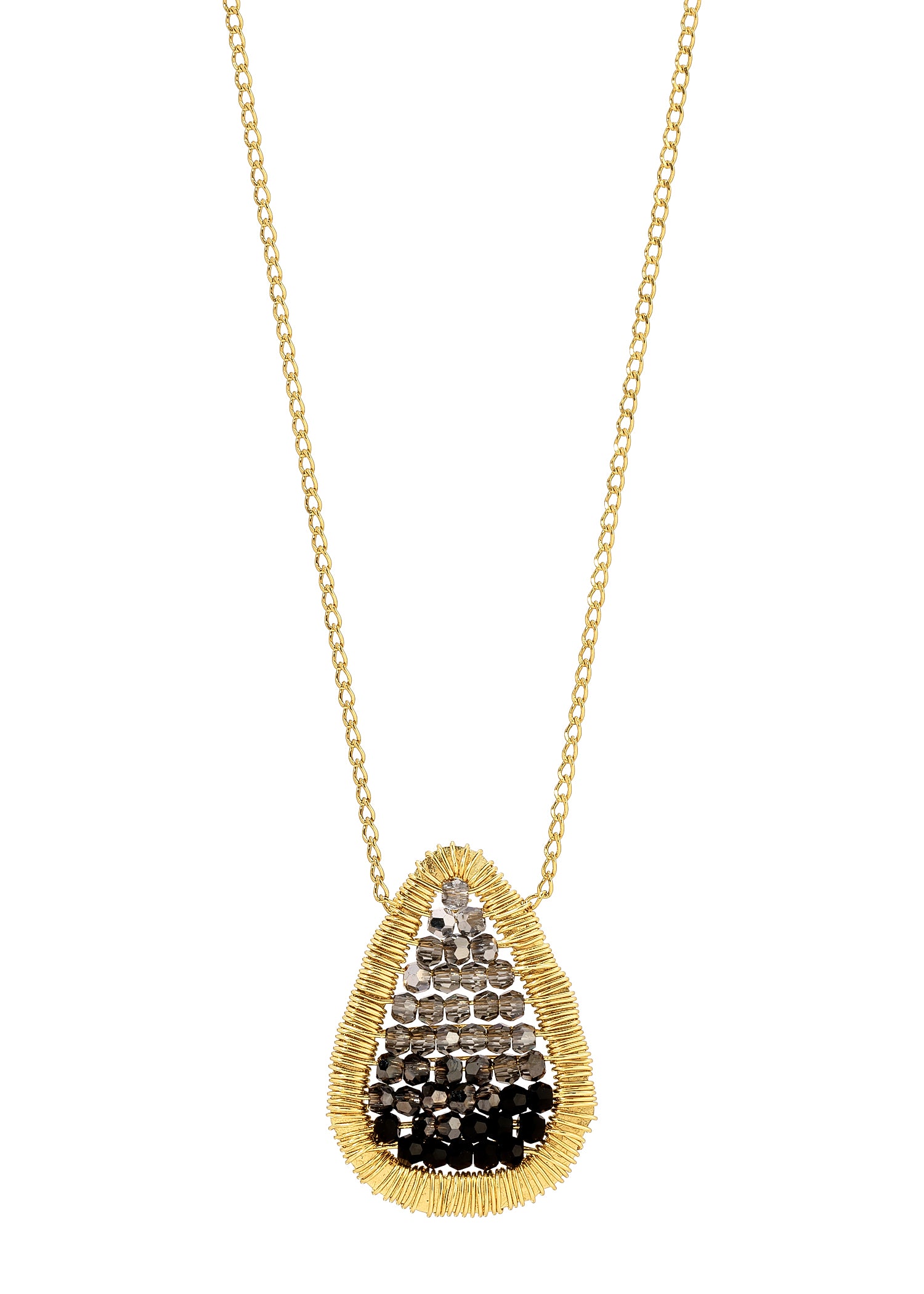 Ombre crystal abacus necklace in 14k gold fill with hand wire-wrapped teardrop pendant on a delicate curb chain.