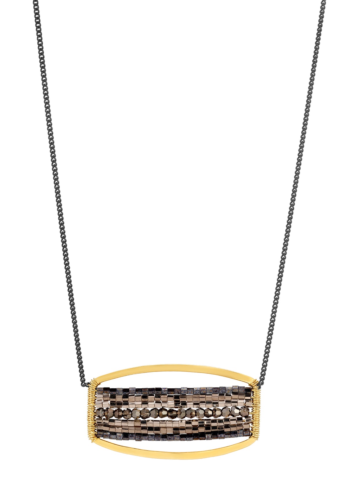 Crystal seed bead necklace with 14k gold fill and metallic ombre band pendant on a dark chain.