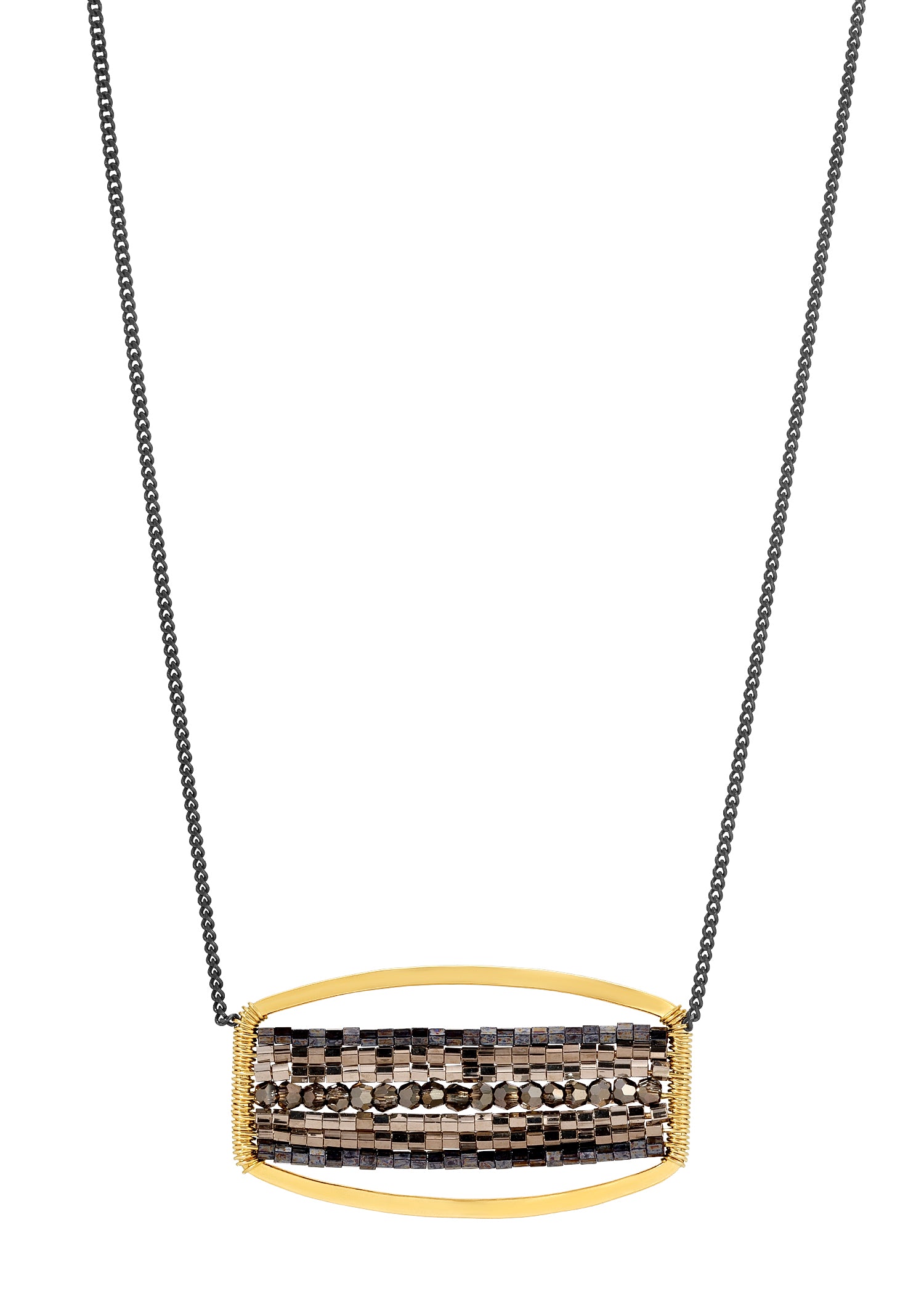 Crystal seed bead necklace with 14k gold fill and metallic ombre band pendant on a dark chain.