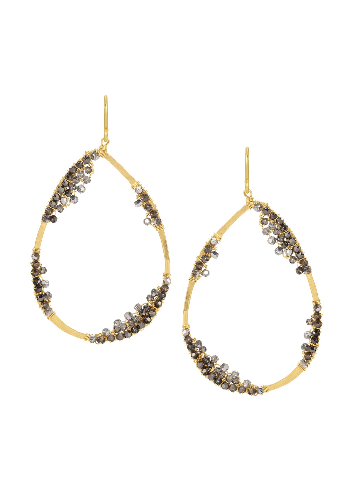 Hoop earrings with tonal crystals, 14k gold fill, and hand wire-wrapped ombre geode clusters in a teardrop shape.