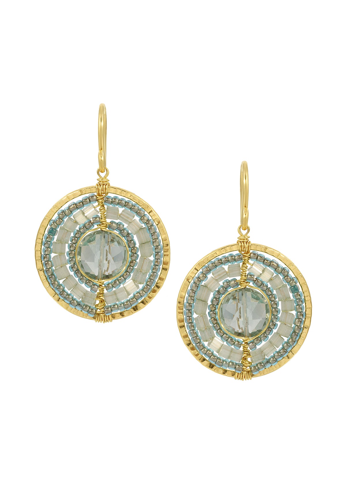 Green quartz earrings in 14k gold fill with hand wire-wrapped mist seed beads in a circular, textured coin design.
