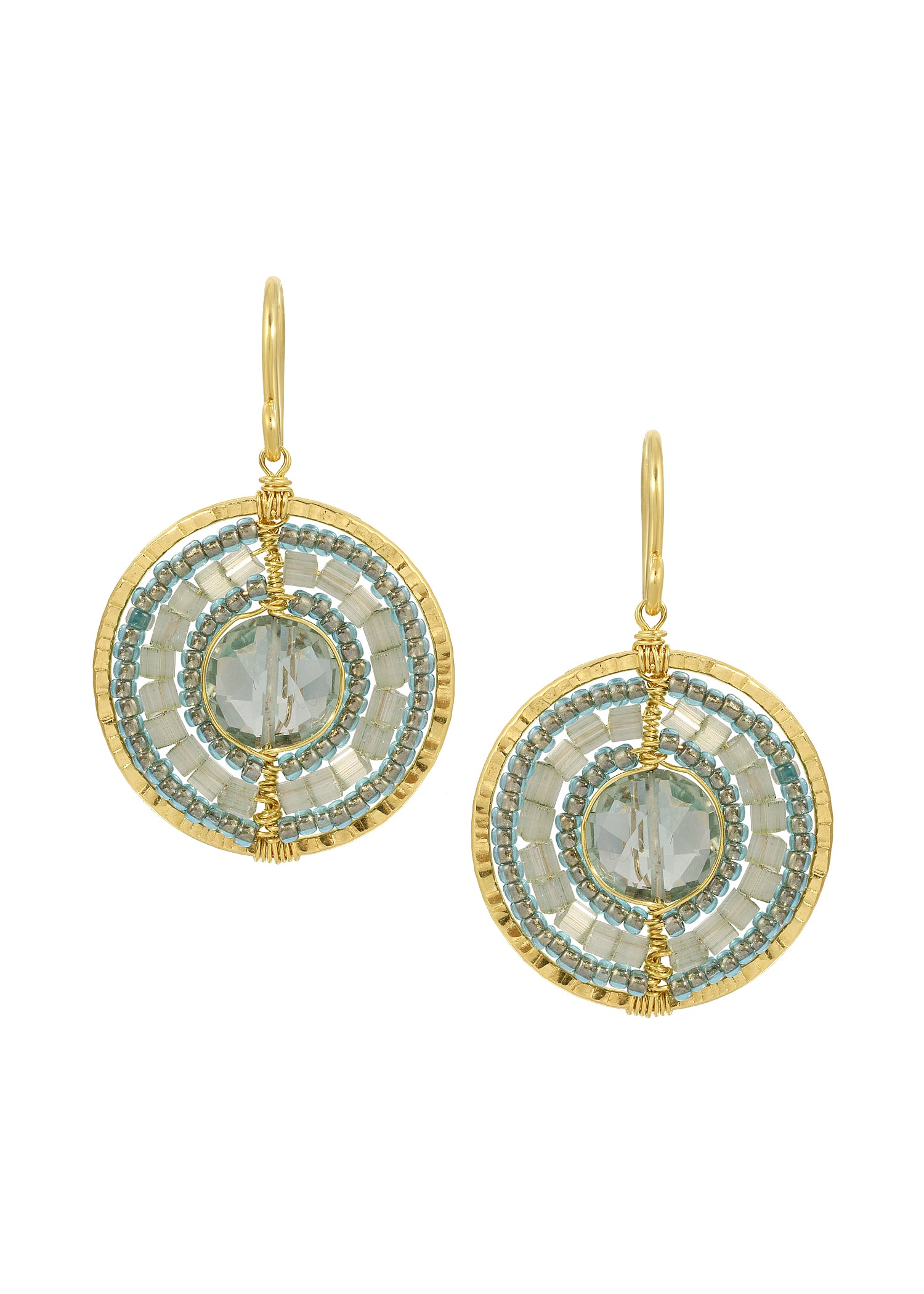 Green quartz earrings in 14k gold fill with hand wire-wrapped mist seed beads in a circular, textured coin design.