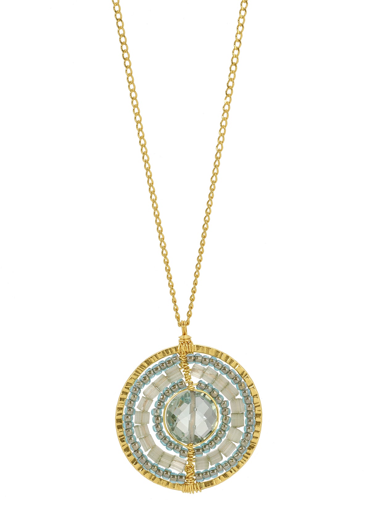 Orbital necklace with green quartz, 14k gold fill, and hand wire-wrapped mist seed beads on a circular textured pendant.