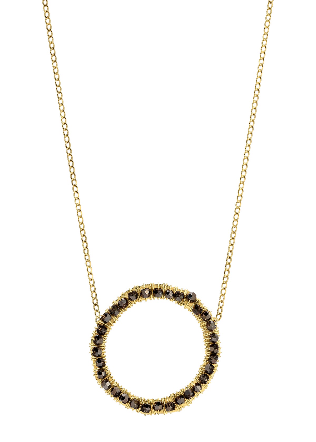 Crystal eternity necklace in 14k gold fill with hand wire-wrapped charcoal faceted crystals in a circular pendant.