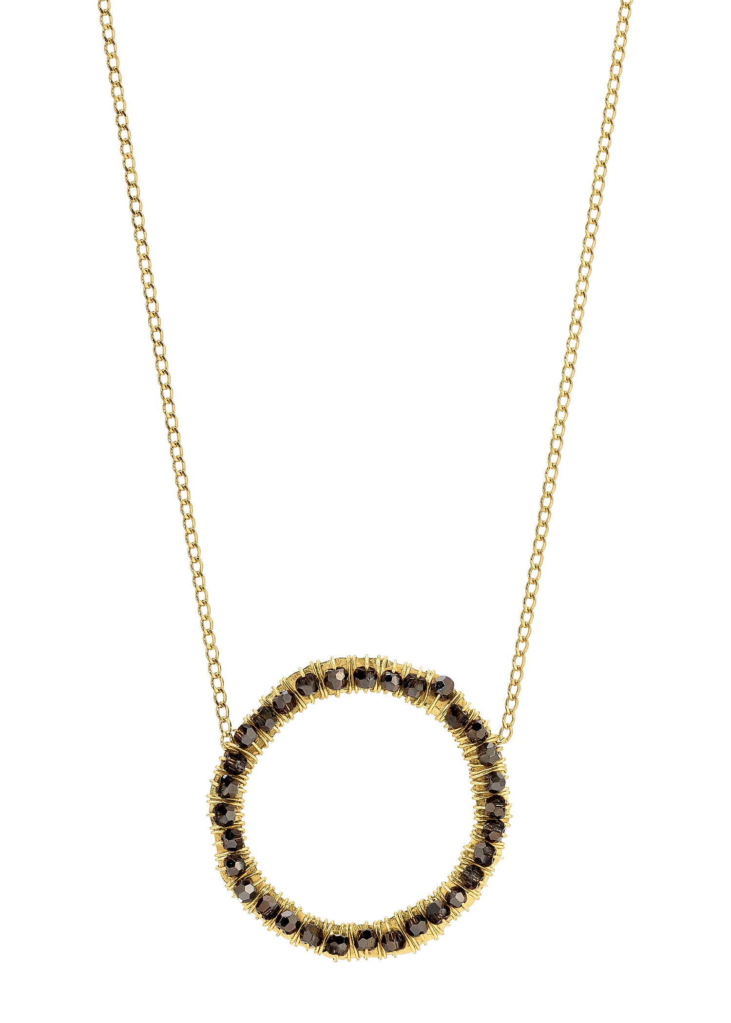 Crystal eternity necklace in 14k gold fill with hand wire-wrapped charcoal faceted crystals in a circular pendant.