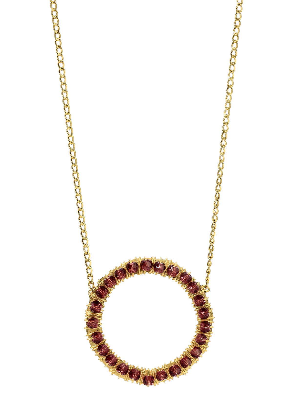 Eternity necklace with pomegranate crystals, hand wire-wrapped on a 14k gold fill circular pendant and delicate chain.