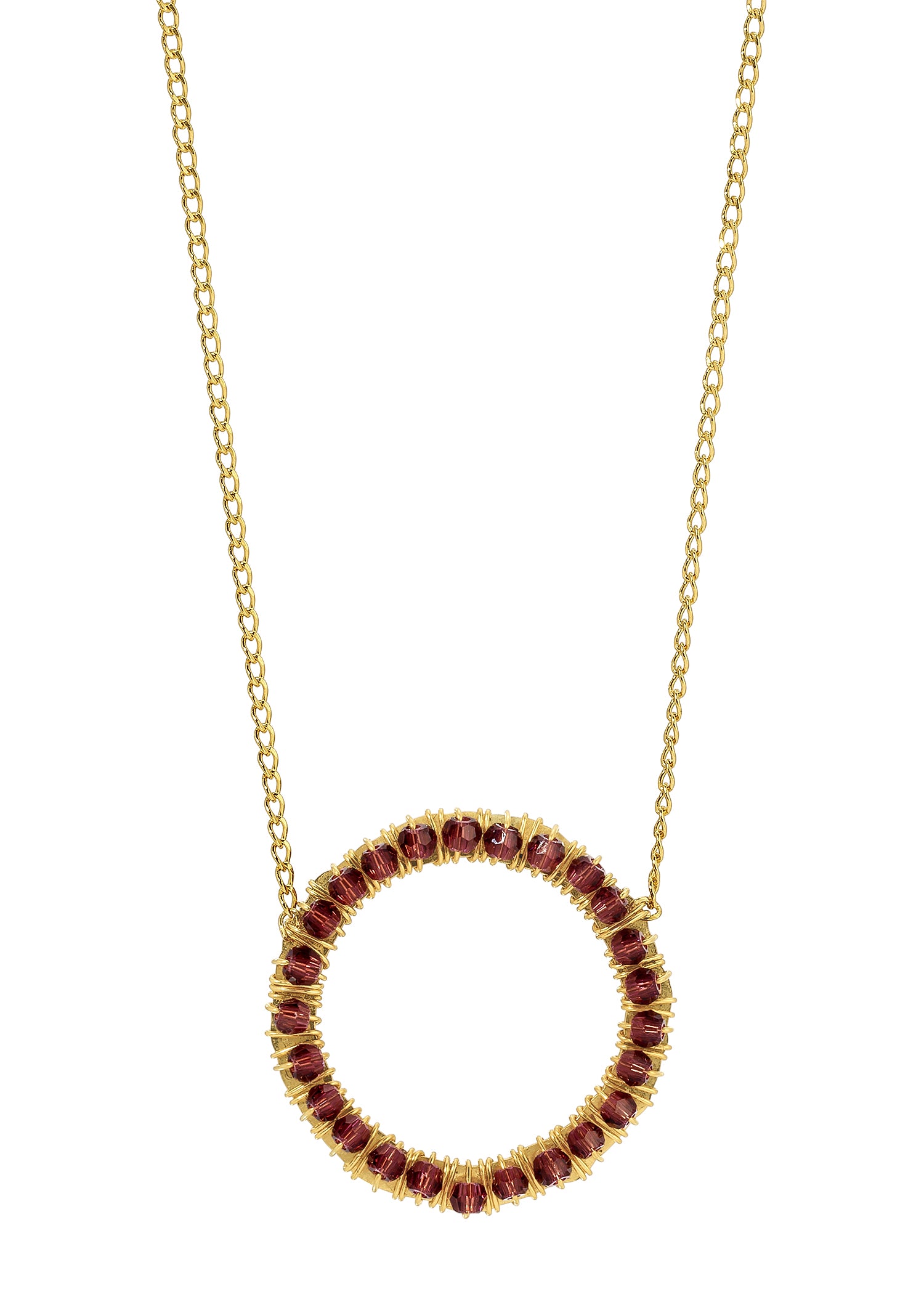 Eternity necklace with pomegranate crystals, hand wire-wrapped on a 14k gold fill circular pendant and delicate chain.