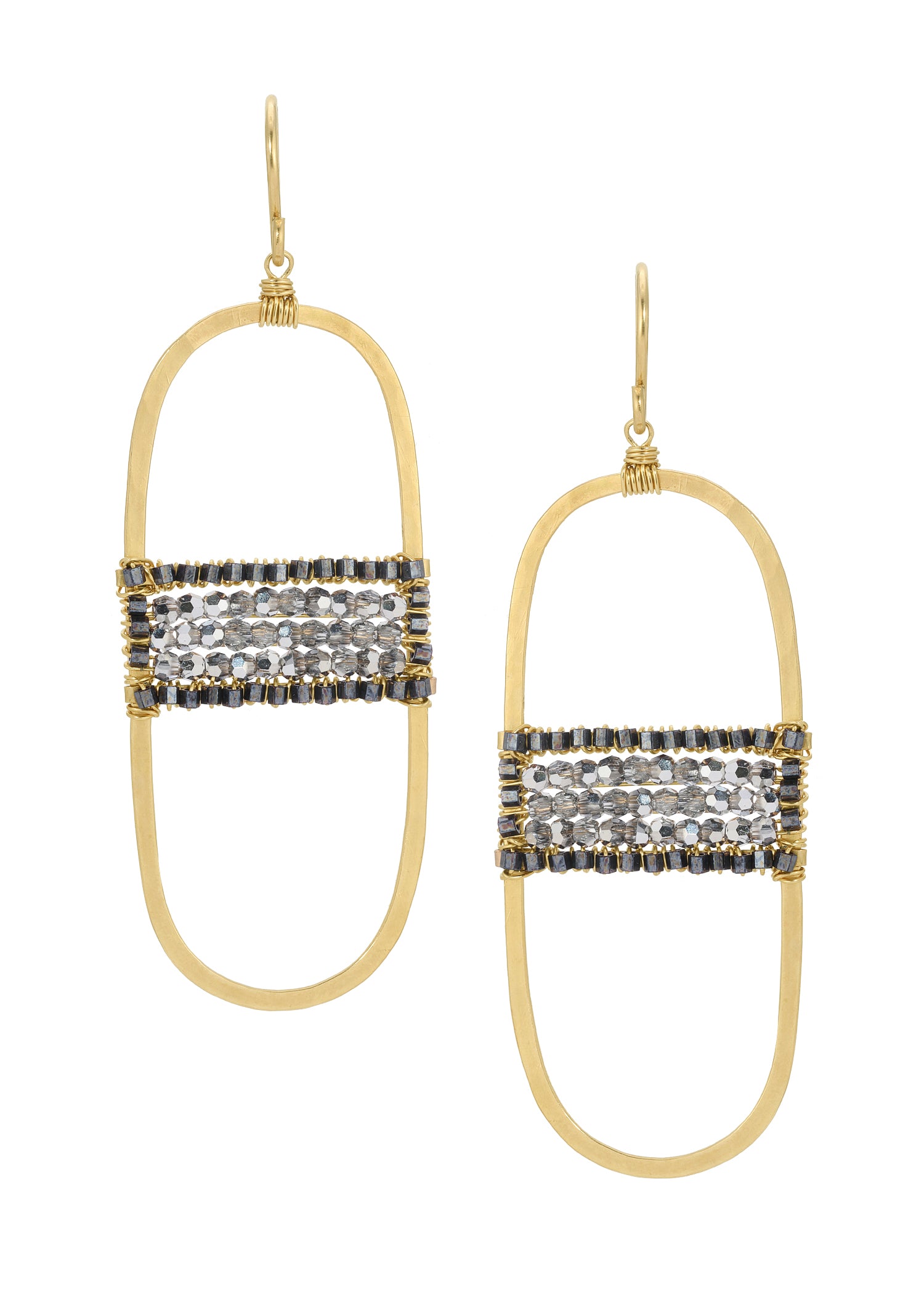 Oval abacus earrings with crystal seed beads, 14k gold fill, and hand wire-wrapped oval hoops.