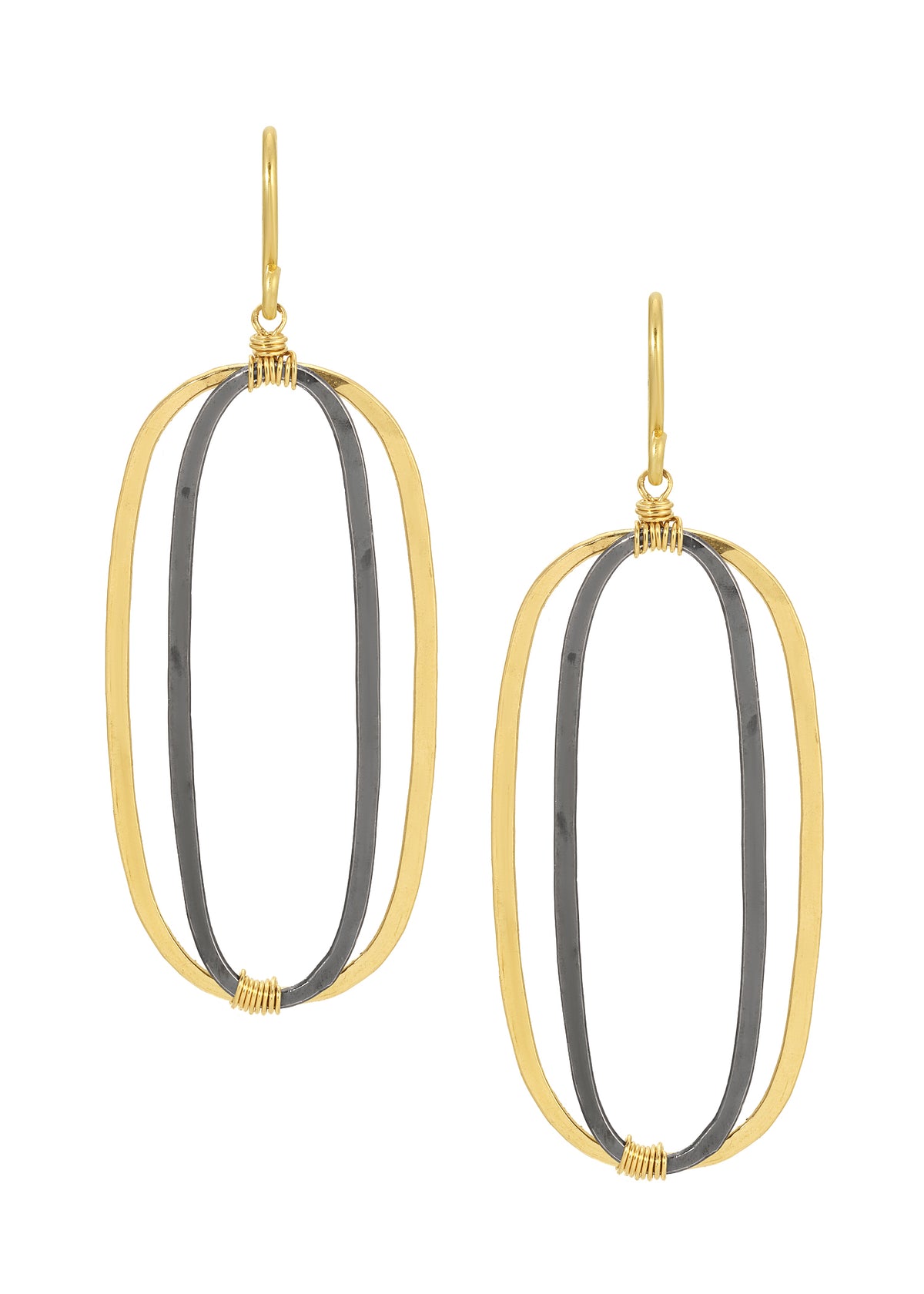 Oval earrings with 14k gold fill and blackened sterling silver frames, featuring hand wire-wrapped details.