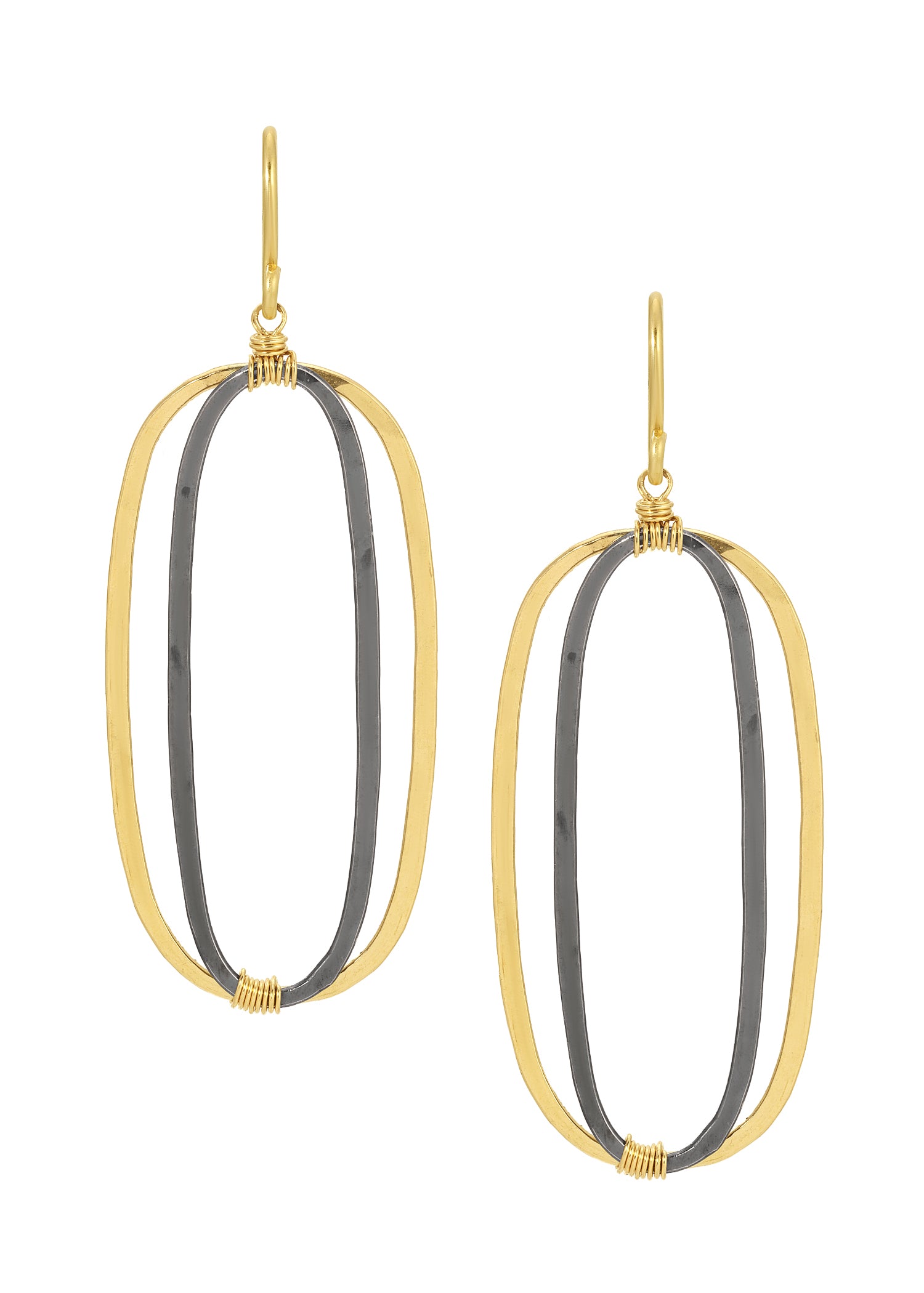 Oval earrings with 14k gold fill and blackened sterling silver frames, featuring hand wire-wrapped details.