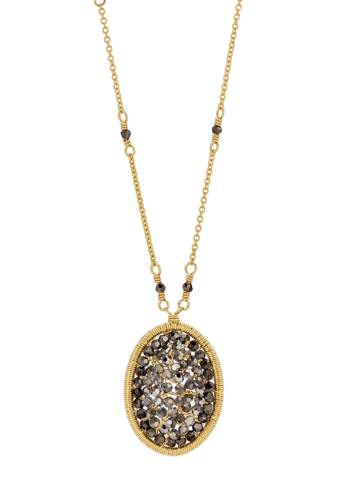 Oval crystal necklace in 14k gold fill with hand wire-wrapped charcoal metallic crystals in an oval pendant.