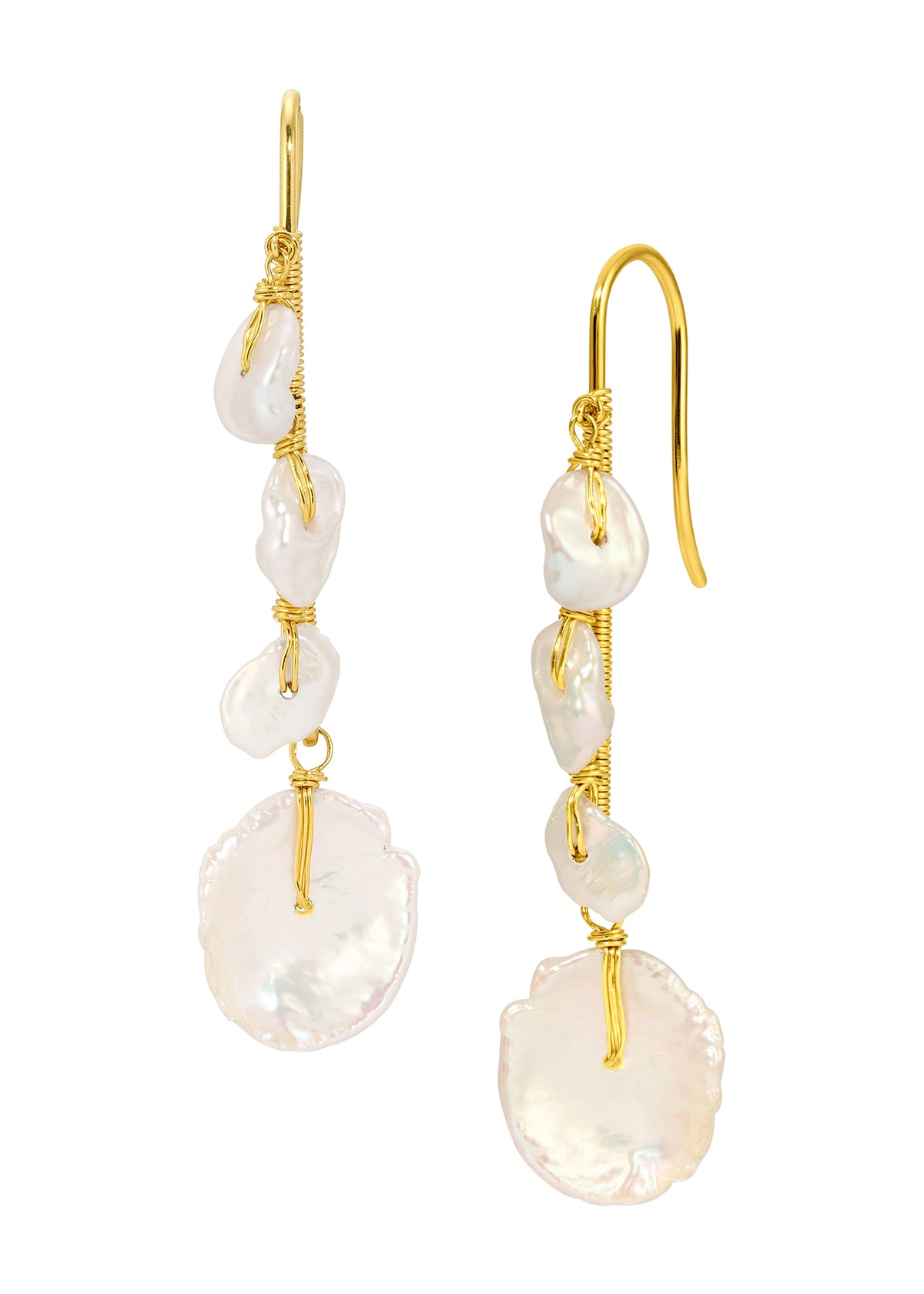Freshwater pearl earrings in 14k gold fill with hand wire-wrapped white cornflake pearls in a cascading drop design.