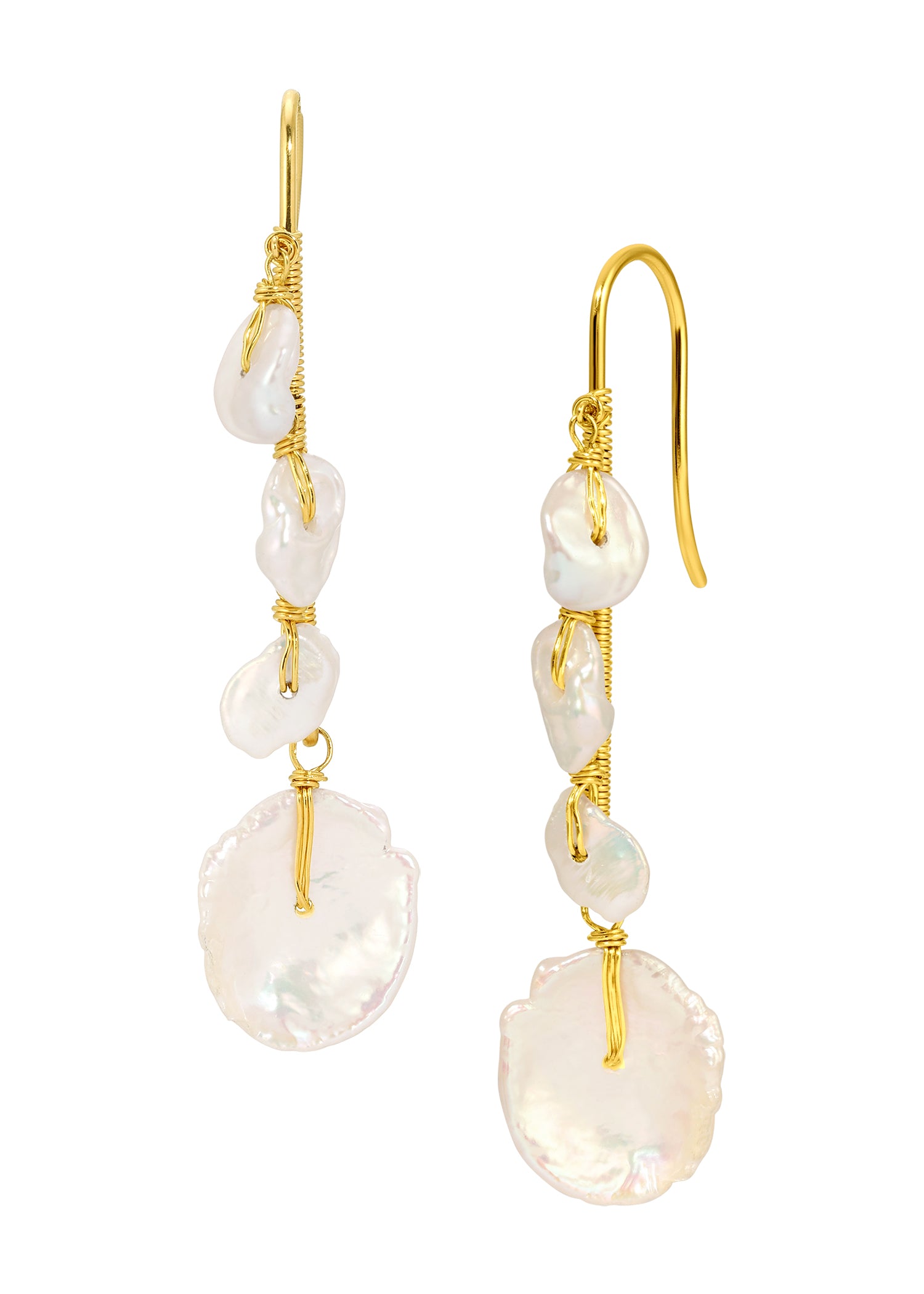 Freshwater pearl earrings in 14k gold fill with hand wire-wrapped white cornflake pearls in a cascading drop design.