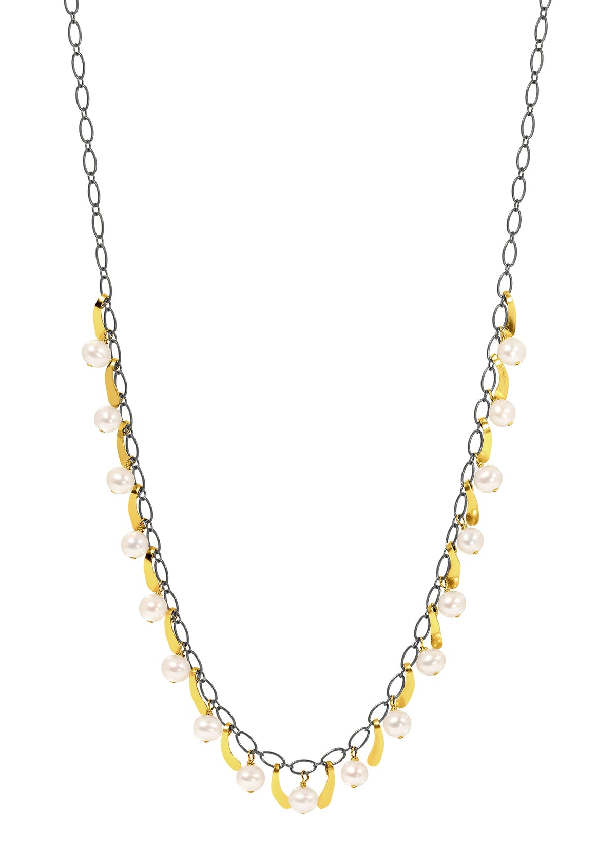 Freshwater pearl necklace with 14k gold fill drops on a blackened sterling silver chain.