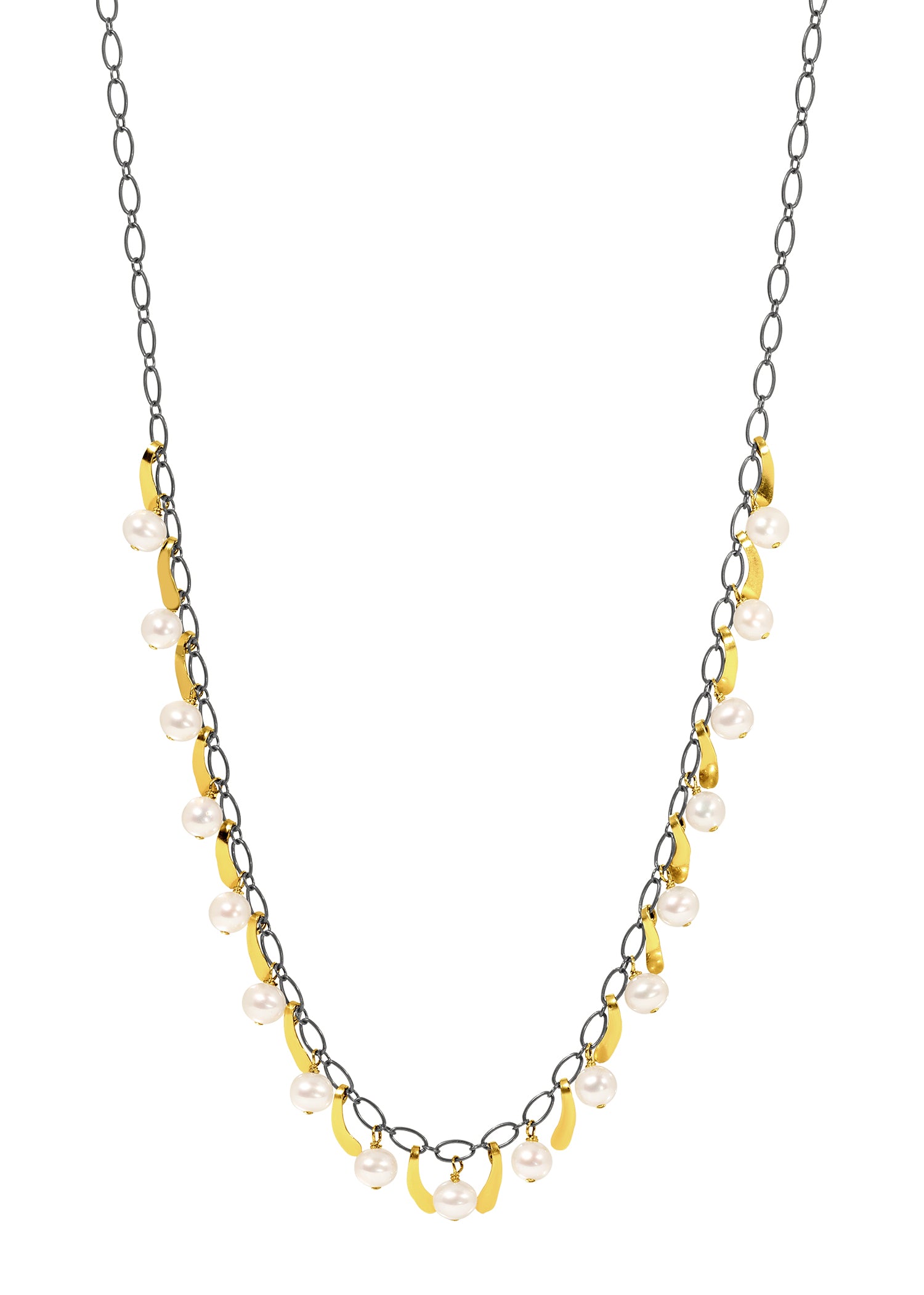 Freshwater pearl necklace with 14k gold fill drops on a blackened sterling silver chain.