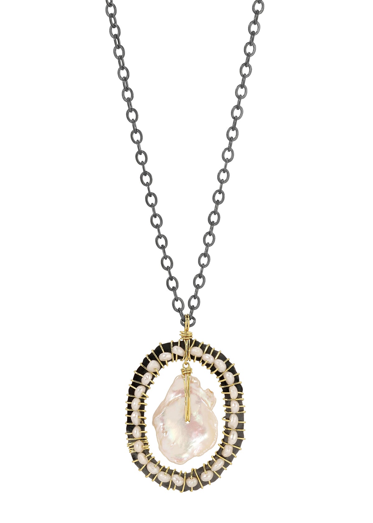 Freshwater pearl necklace with 14k gold fill wire-wrapped seed pearls on a blackened sterling silver frame and chain.
