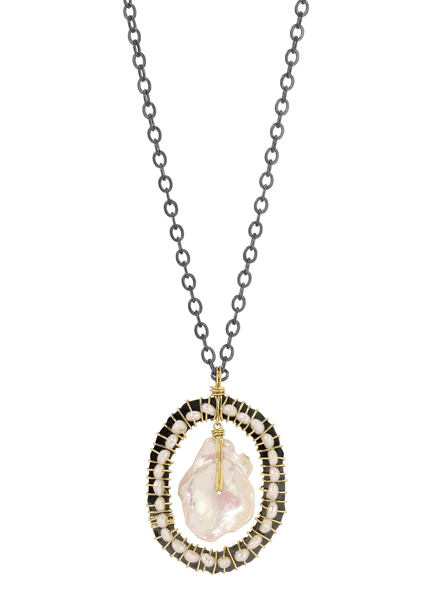 Freshwater pearl necklace with 14k gold fill wire-wrapped seed pearls on a blackened sterling silver frame and chain.