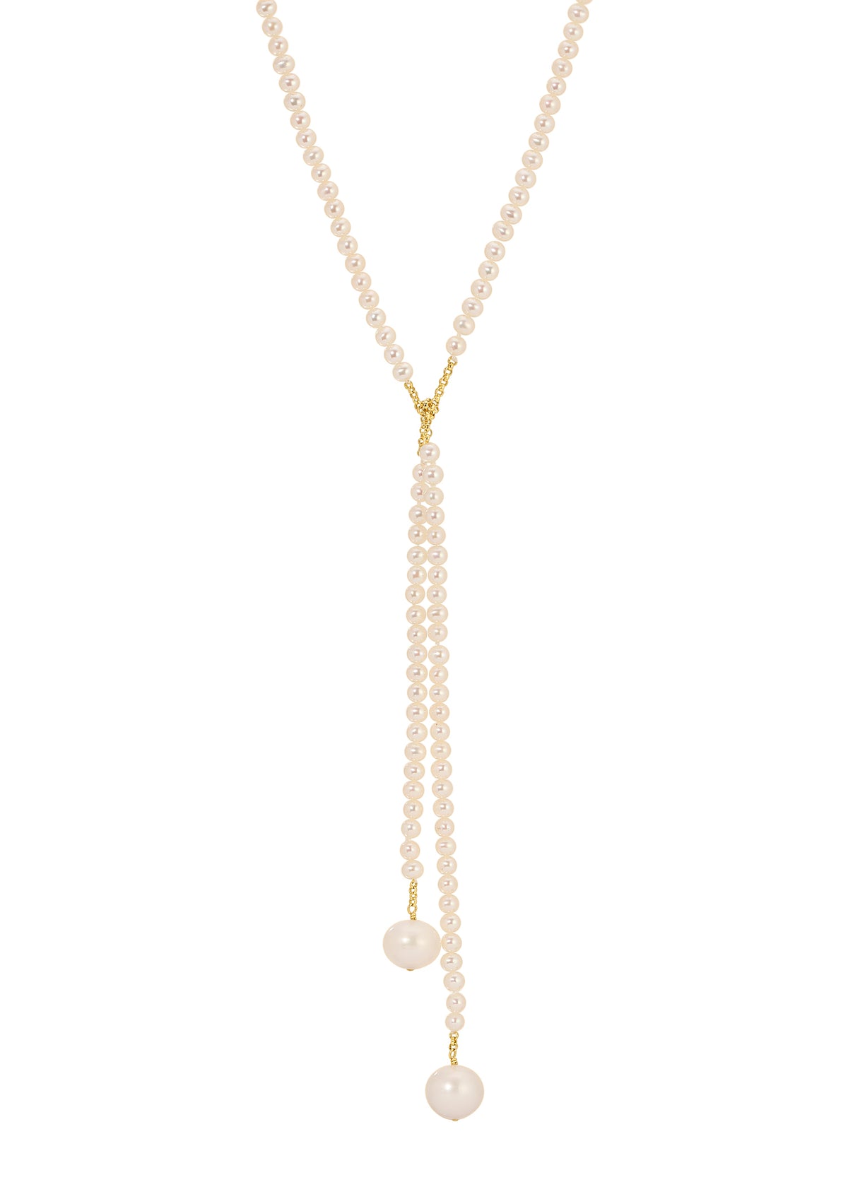 Freshwater pearl lariat necklace in 14k gold fill with two dangling pearls on a white background.