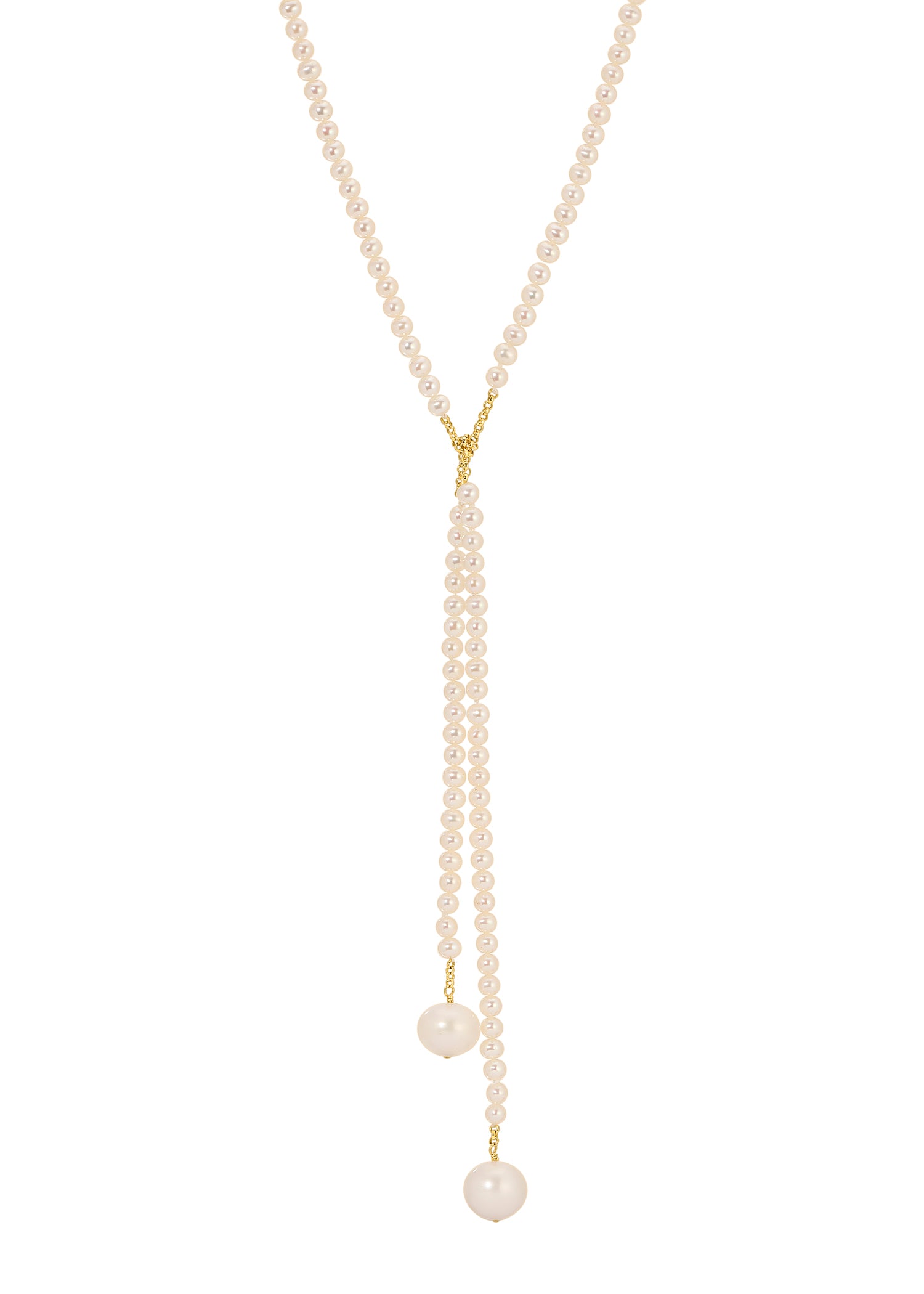 Freshwater pearl lariat necklace in 14k gold fill with two dangling pearls on a white background.