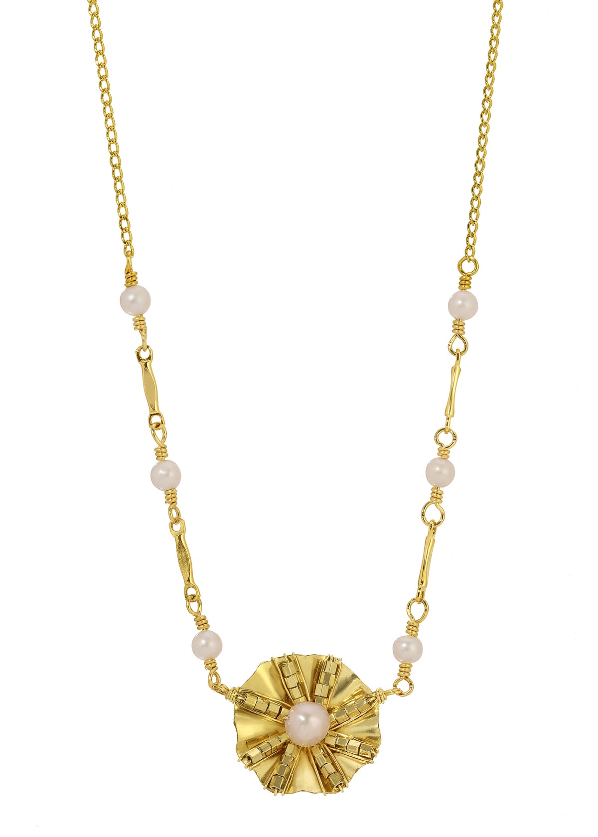 Freshwater pearl necklace in 14k gold fill with a hand-ruffled flower pendant and curb chain on a white background.