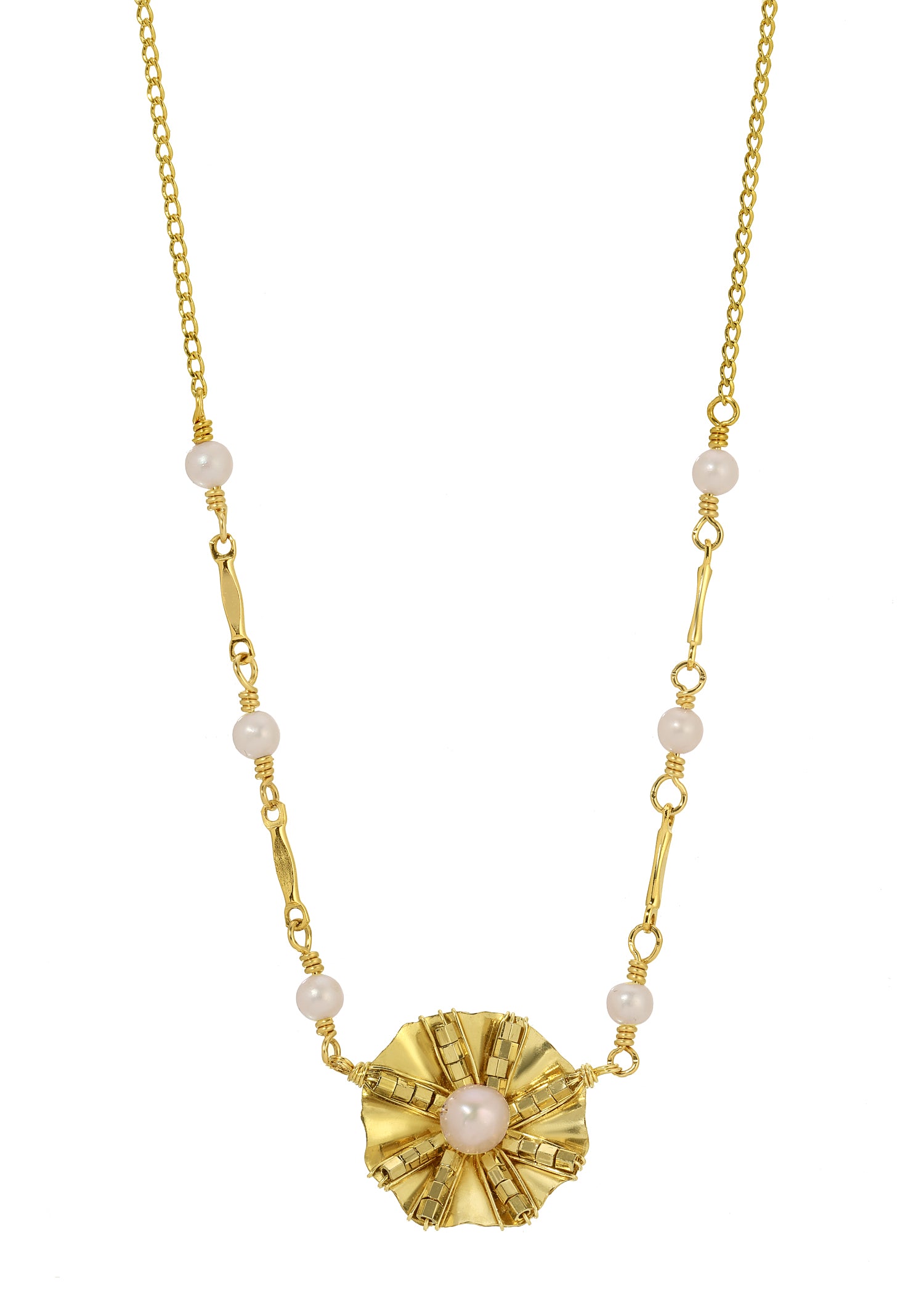 Freshwater pearl necklace in 14k gold fill with a hand-ruffled flower pendant and curb chain on a white background.