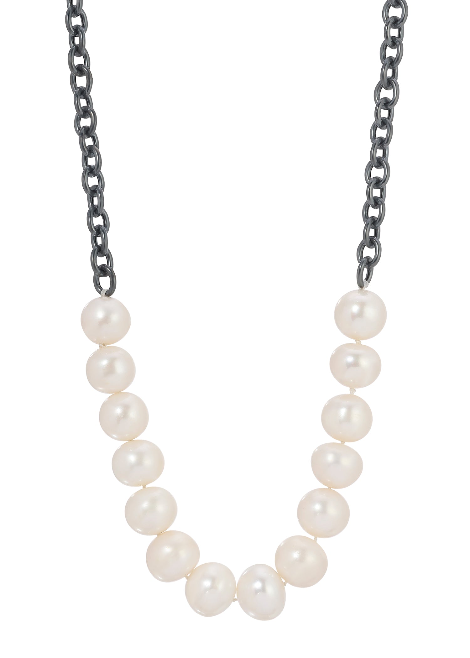 Freshwater pearl necklace with chunky blackened sterling silver chain, 18 inches long.