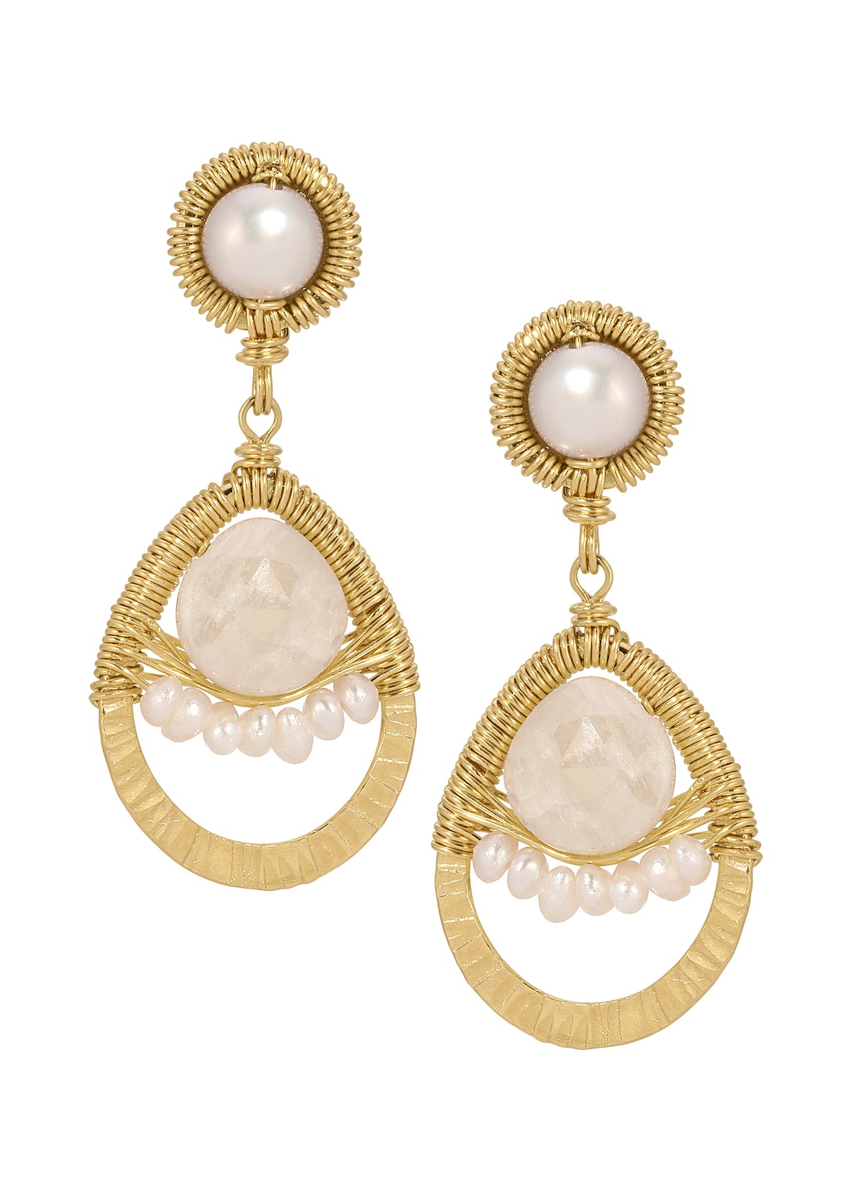 Pearl scallop earrings with silverite and freshwater pearls, hand wire-wrapped in 14k gold fill with scalloped borders.