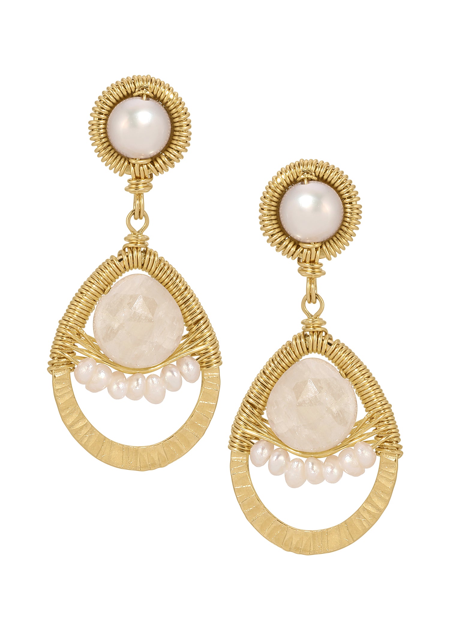 Pearl scallop earrings with silverite and freshwater pearls, hand wire-wrapped in 14k gold fill with scalloped borders.