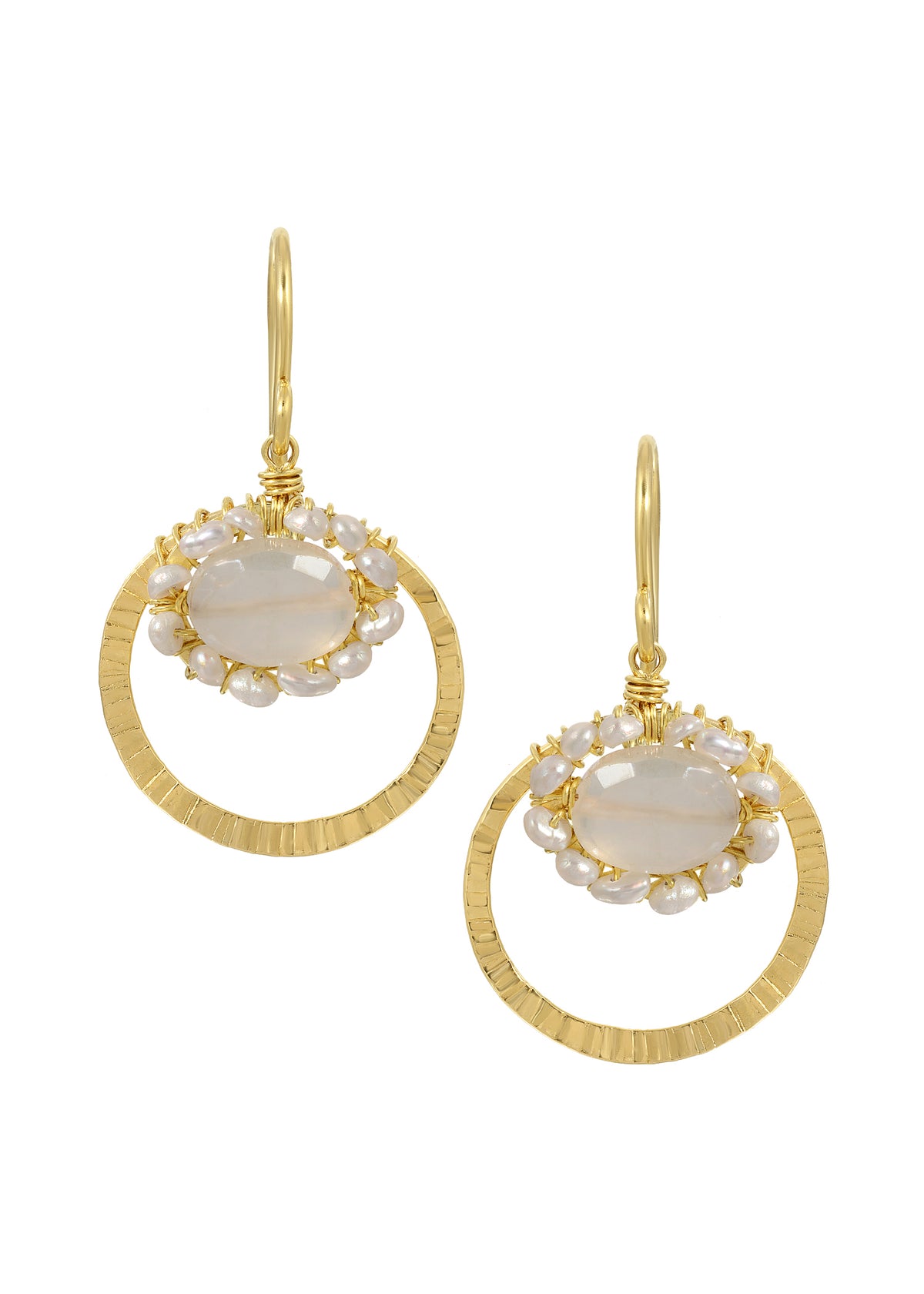 Chalcedony and seed pearl hoops in 14k gold fill with hand wire-wrapped oval stones and textured circular frames.