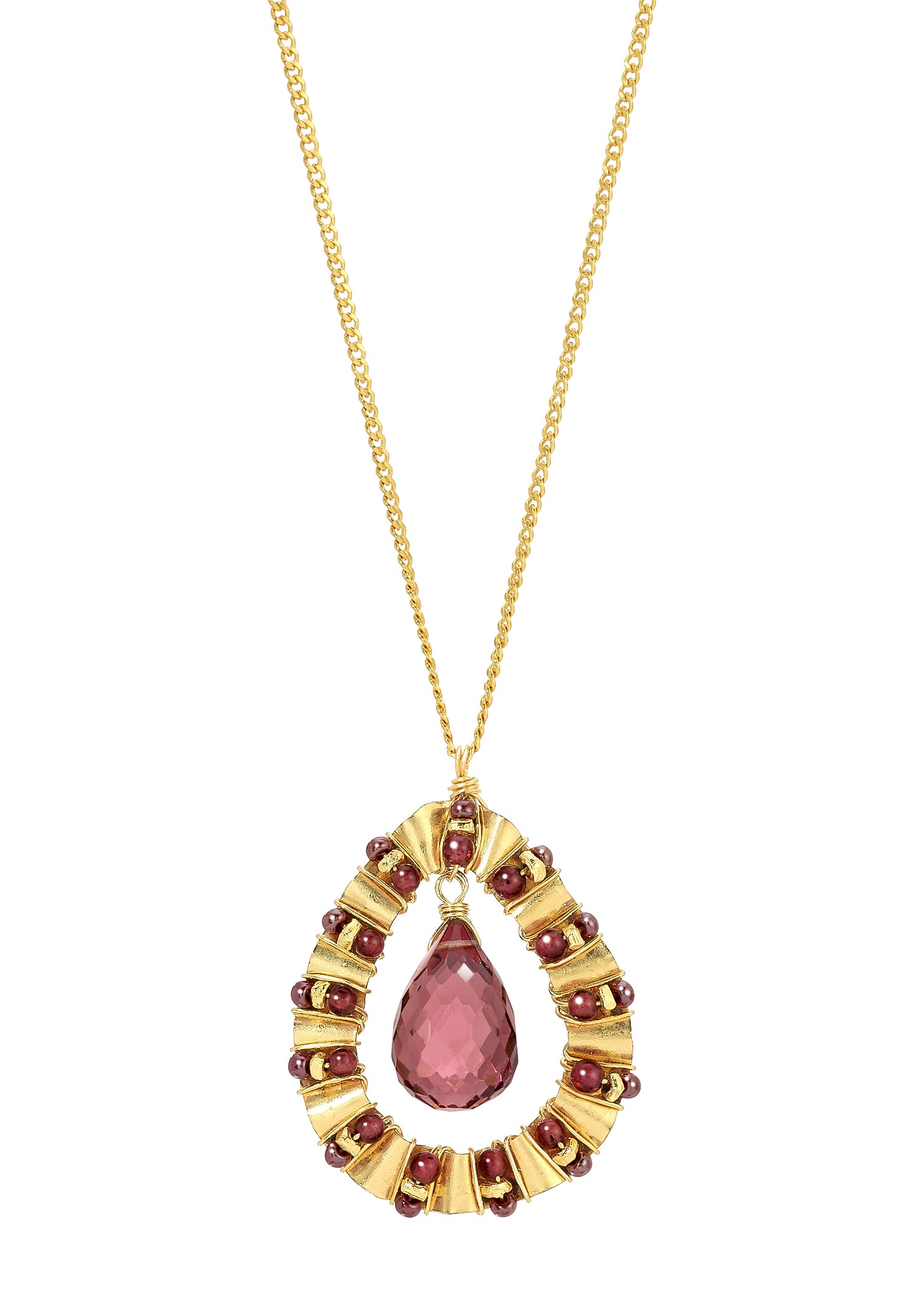 Pink quartz and purple garnet necklace on 14k gold fill chain with hand wire-wrapped seed beads in a ruffled frame.