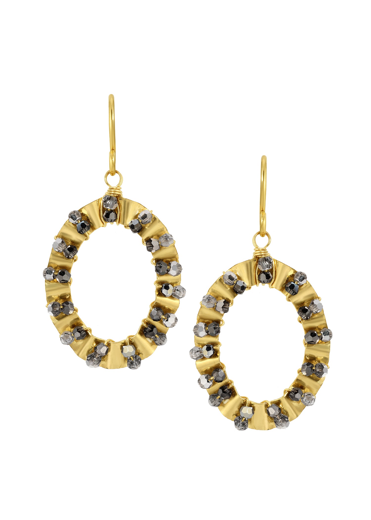 Oval earrings with silver crystals in 14k gold fill hand-ruffled frames, measuring 1-7/16 inches long.