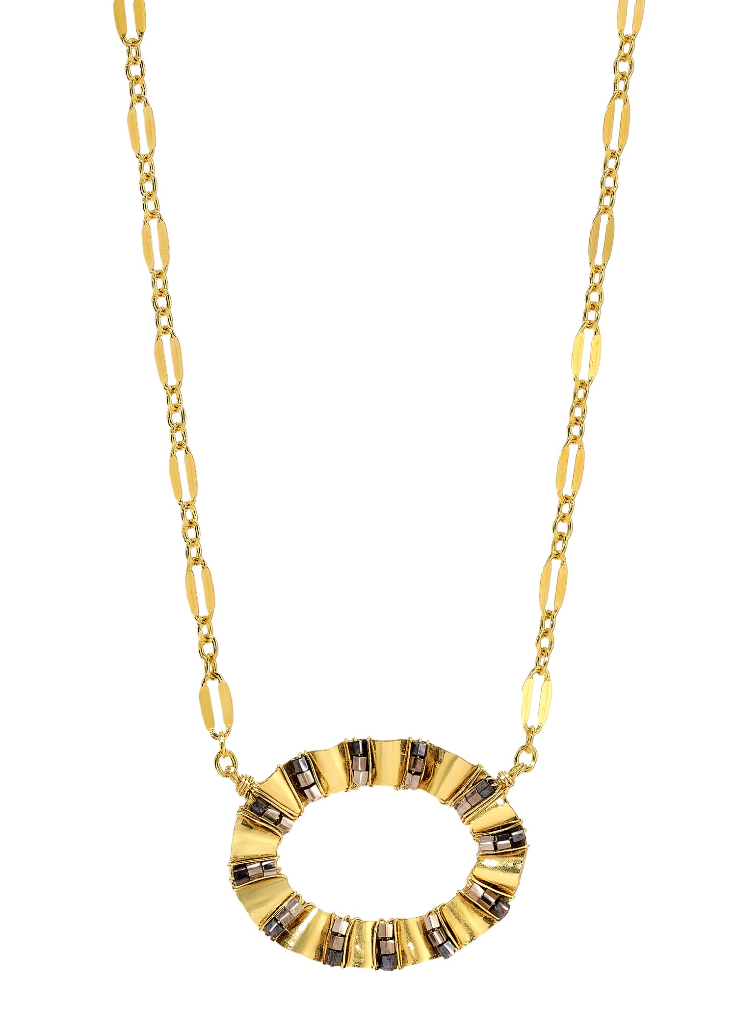 Oval necklace with silver seed beads in a hand-ruffled 14k gold fill frame on an oval linked chain.