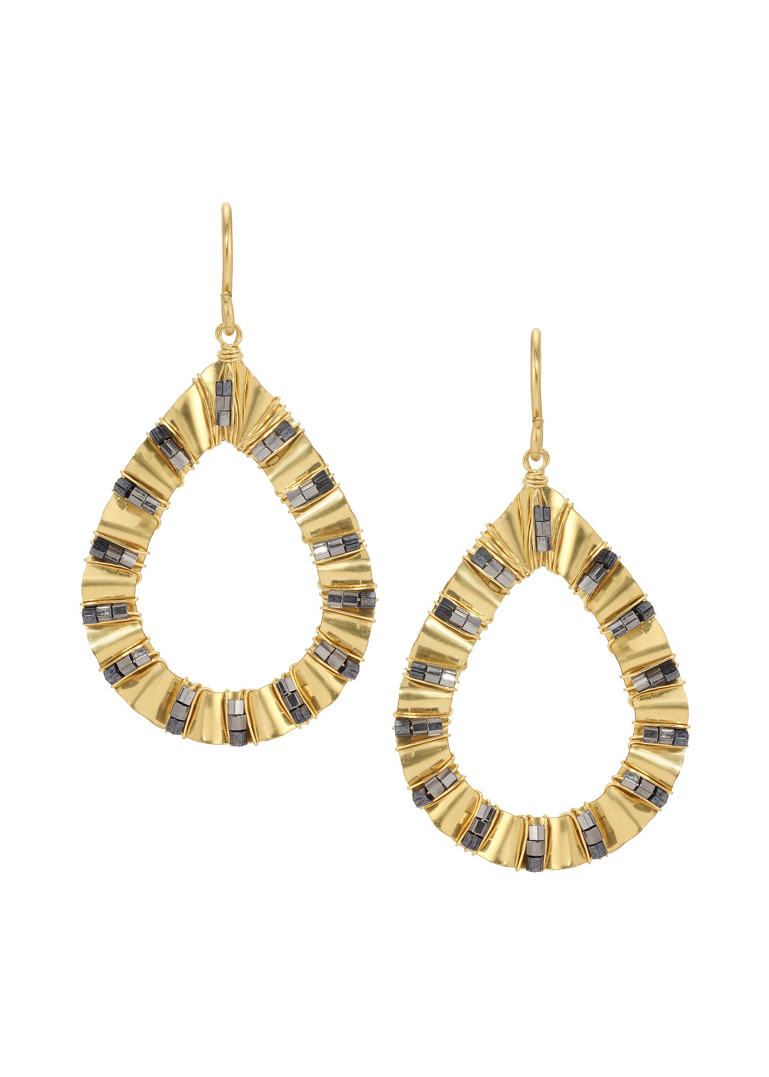 Teardrop earrings in 14k gold fill with hand-ruffled metallic seed beads on gold hoops.