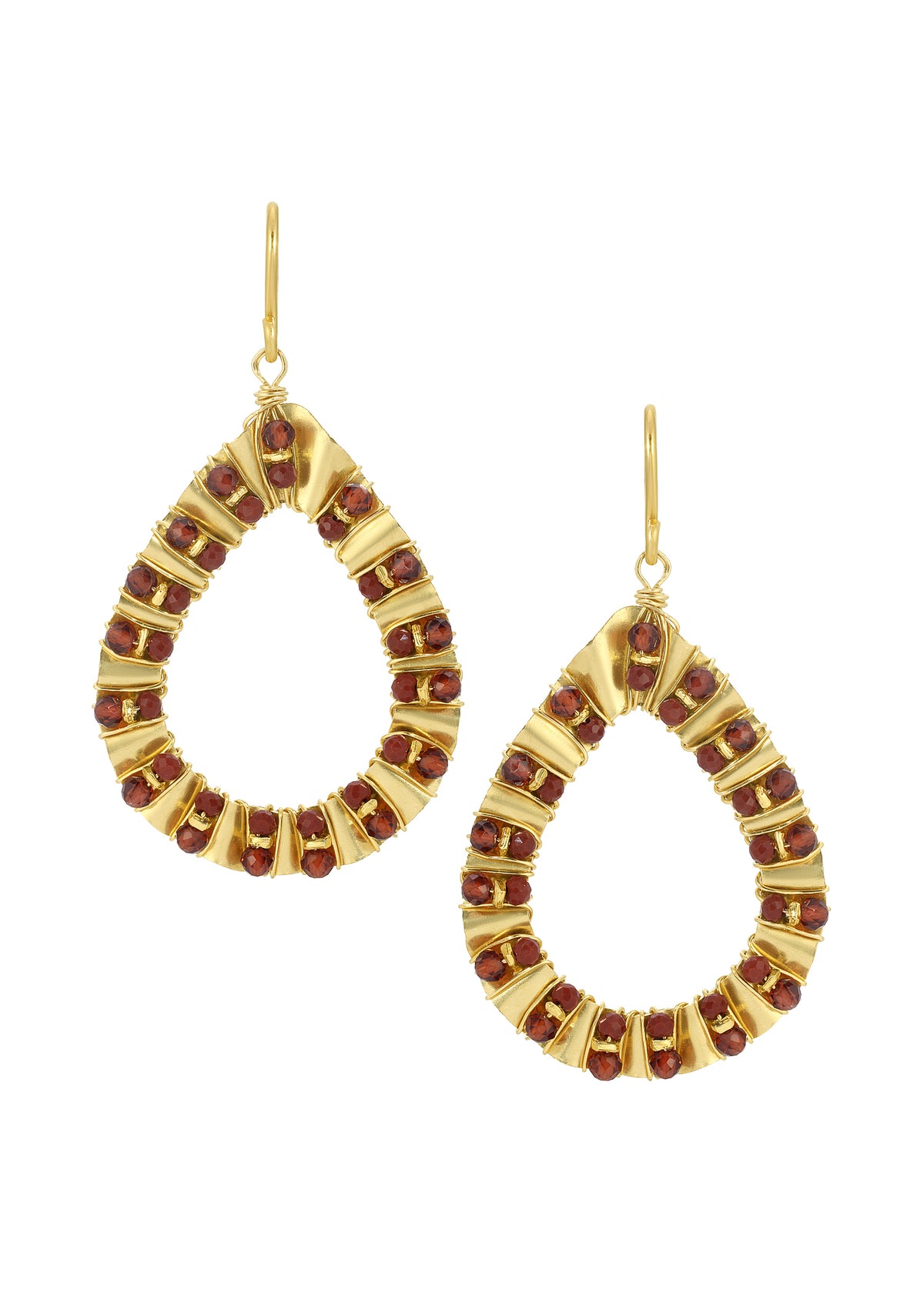 Teardrop earrings with red garnet and jasper, 14k gold fill, and hand wire-wrapped beads in a ruffled frame.
