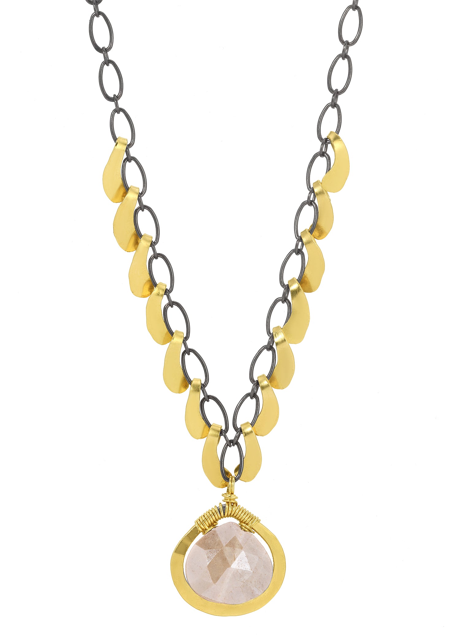 Raindrop necklace with faceted gray moonstone, hand wire-wrapped in 14k gold fill on a blackened sterling silver chain.