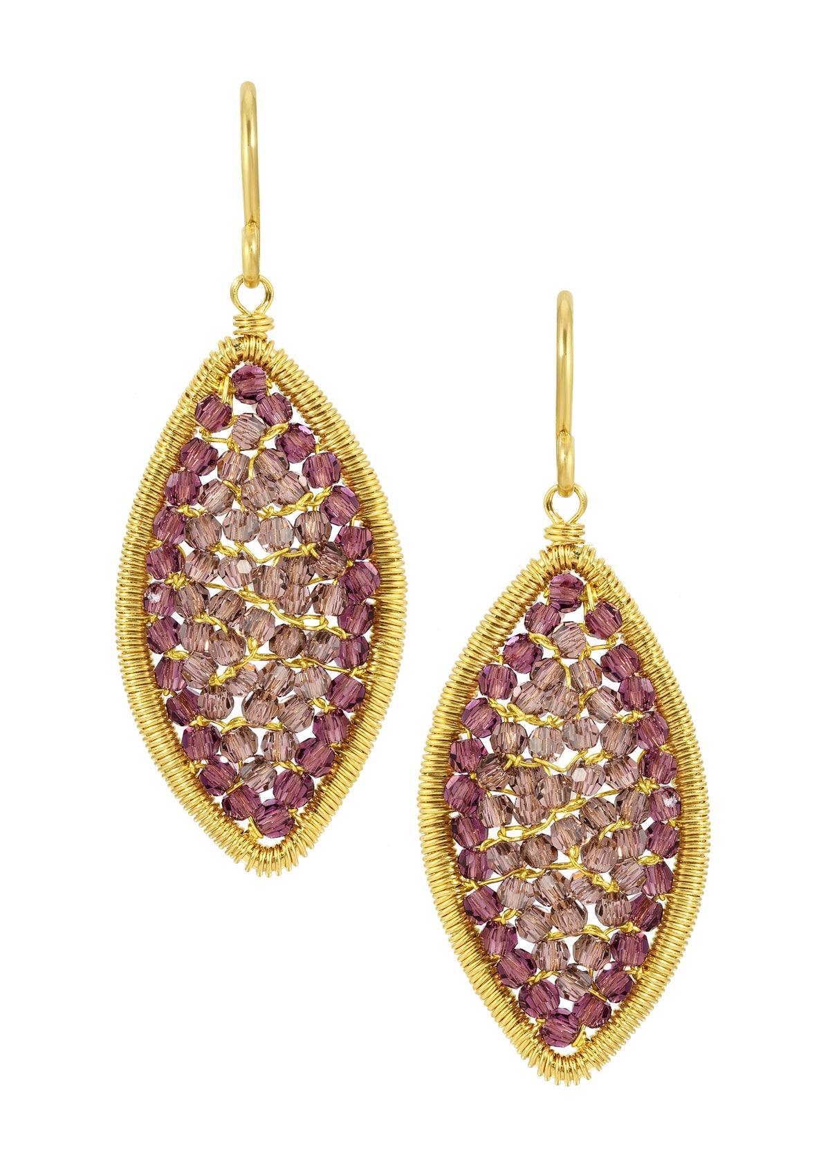 Marquis earrings with ombre crystals in 14k gold fill, featuring hand wire-wrapped floral hues in a graceful frame.