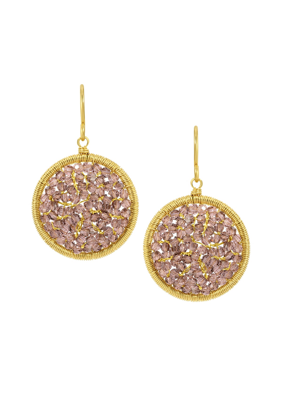 Round mosaic earrings with blush crystals and hand wire-wrapped 14k gold fill frames.