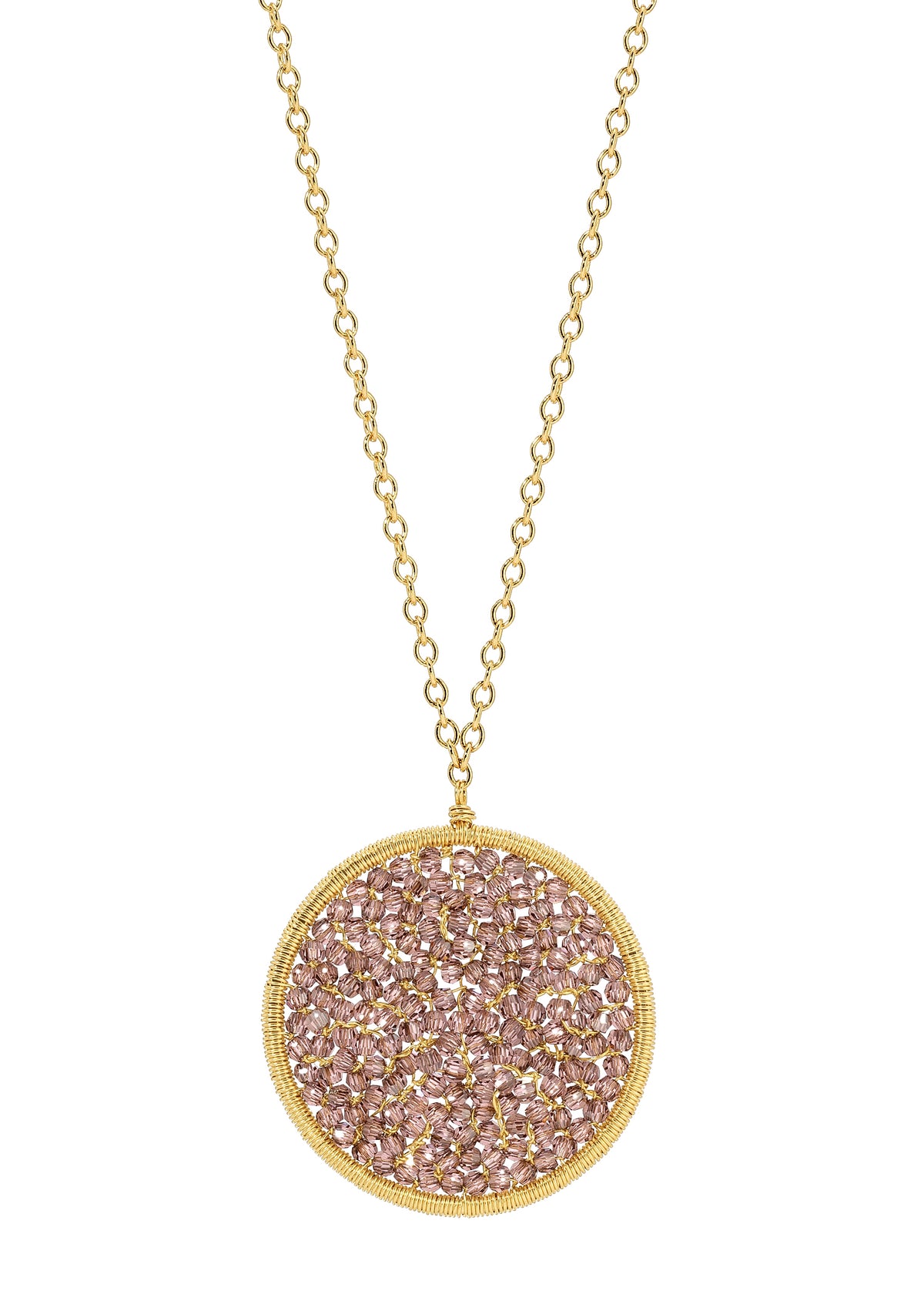 Round mosaic necklace with blush crystals, 14k gold fill chain, and hand wire-wrapped circular pendant.