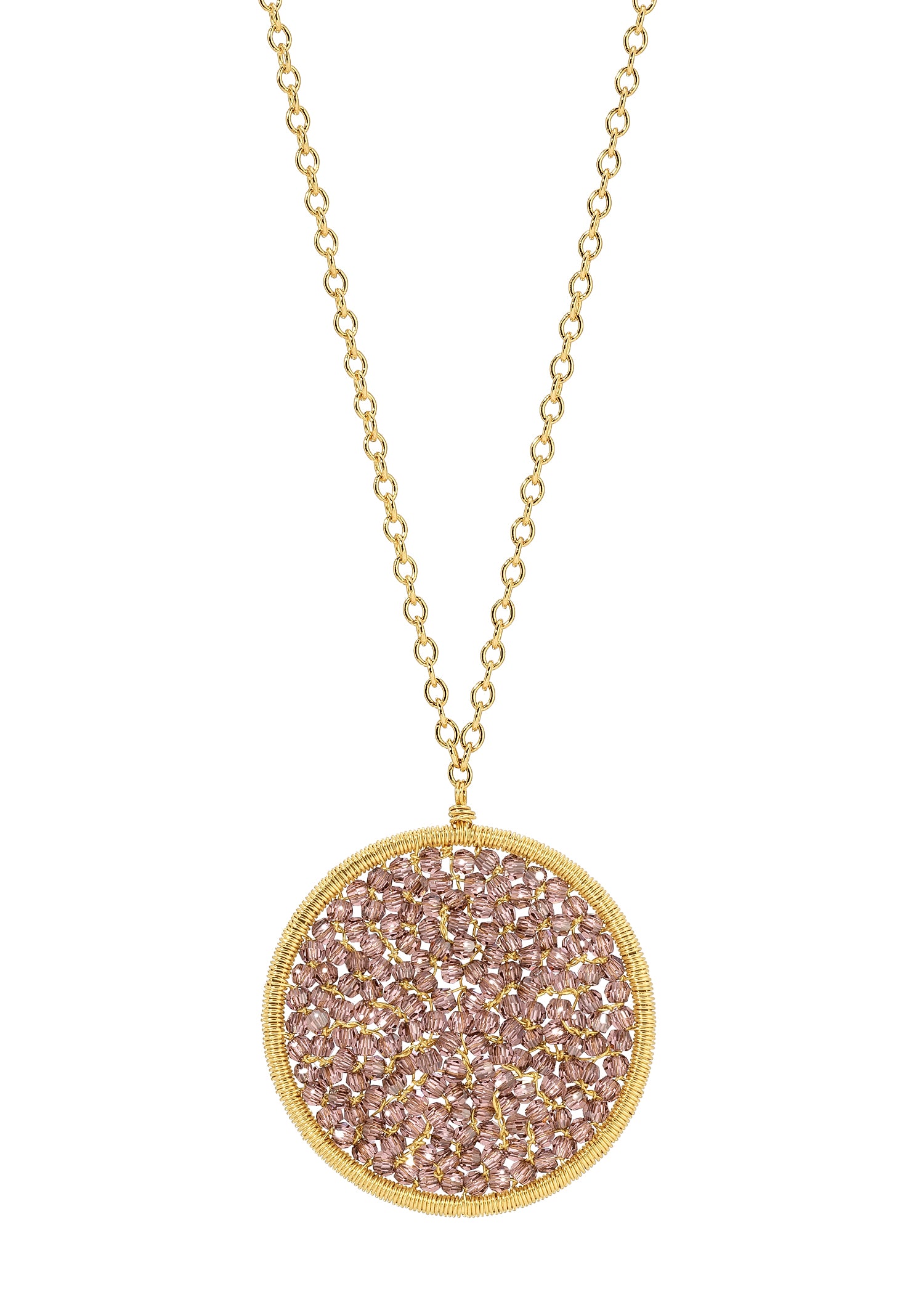 Round mosaic necklace with blush crystals, 14k gold fill chain, and hand wire-wrapped circular pendant.