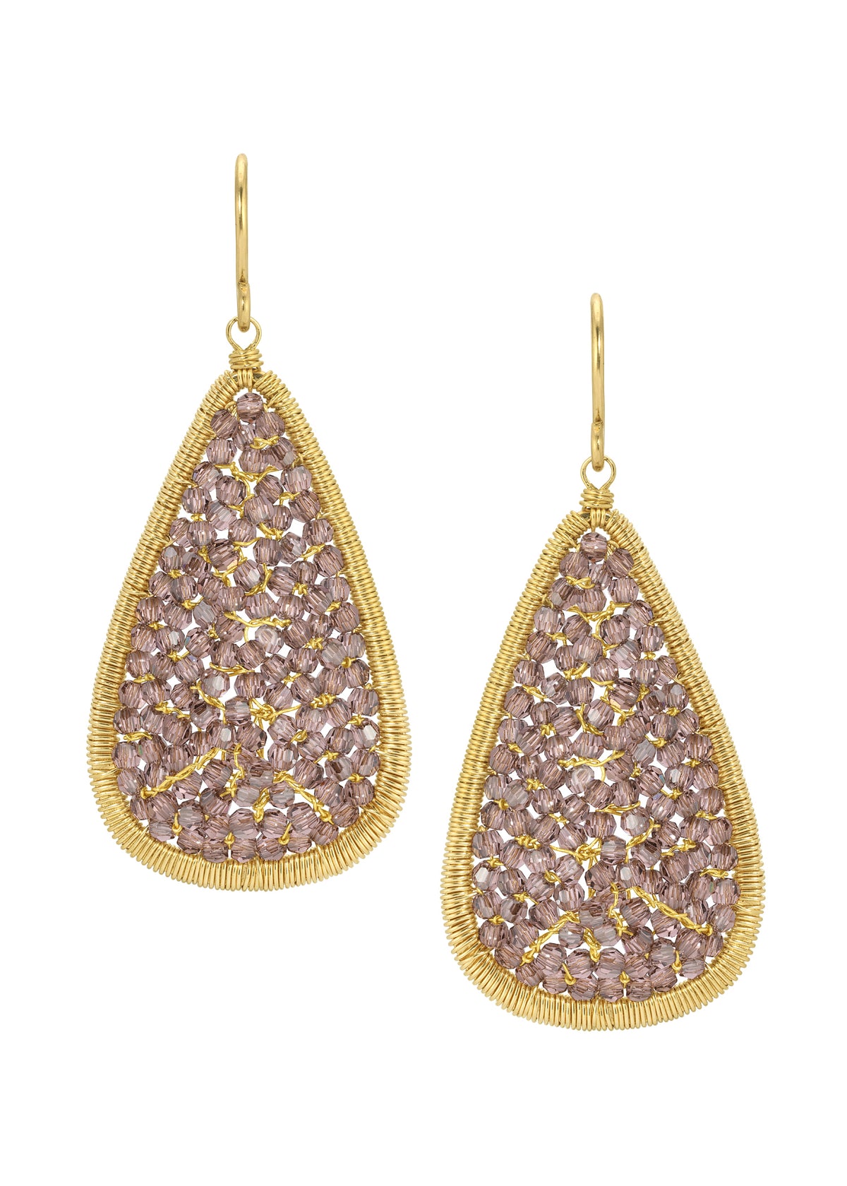 Teardrop earrings with blush crystal mosaic, hand wire-wrapped in 14k gold fill, measuring 1-5/8 inches in length.