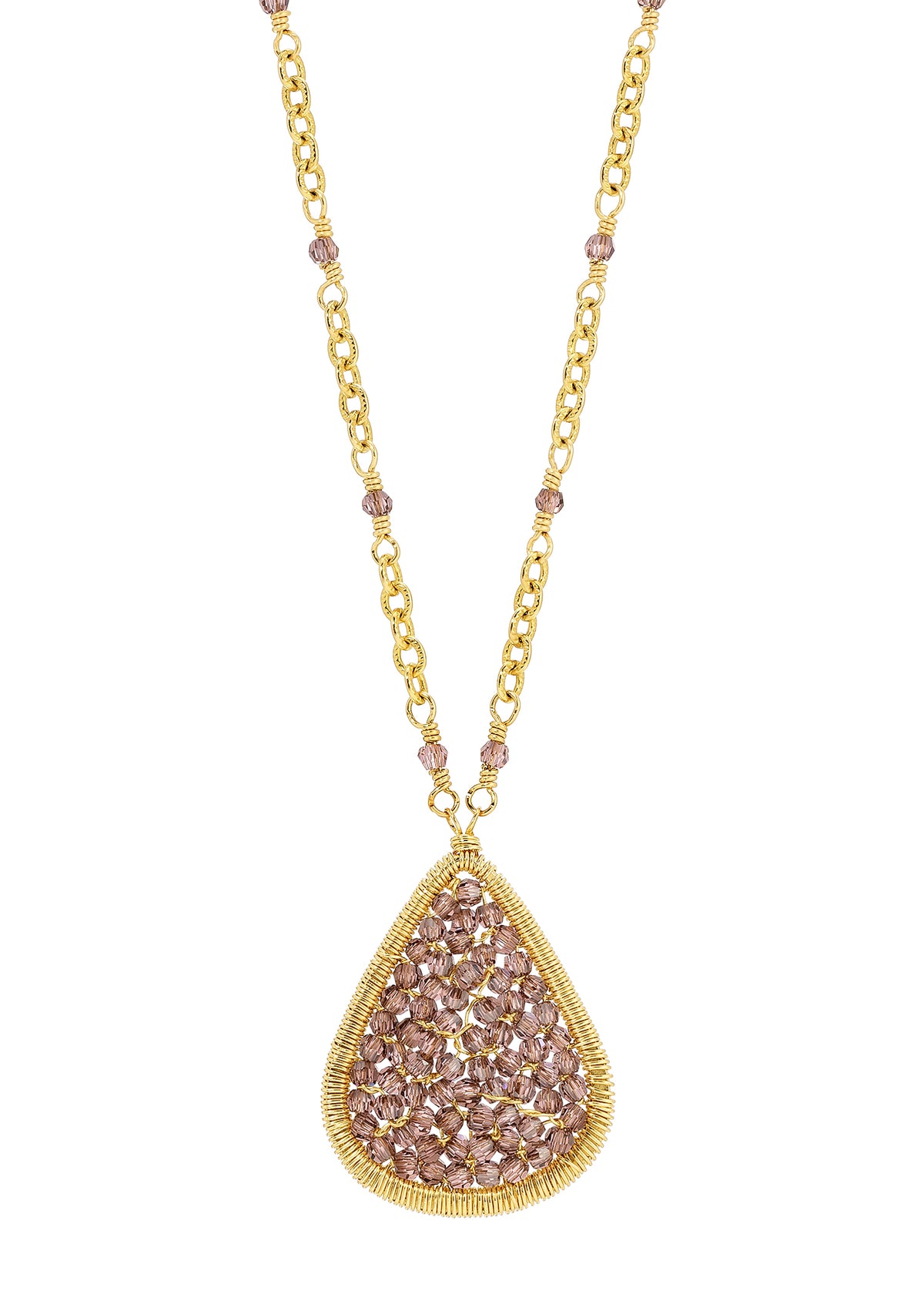 Teardrop mosaic necklace with blush crystals, hand wire-wrapped in 14k gold fill on a matching chain.