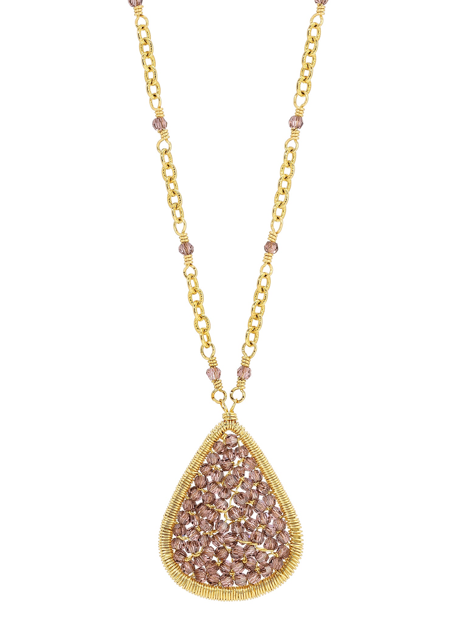Teardrop mosaic necklace with blush crystals, hand wire-wrapped in 14k gold fill on a matching chain.