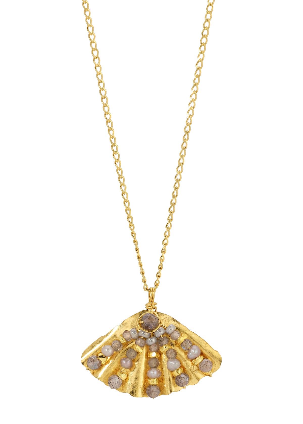 Shell necklace with labradorite, zircon, and pearls on a 14k gold fill chain with a ruffled, hand wire-wrapped pendant.