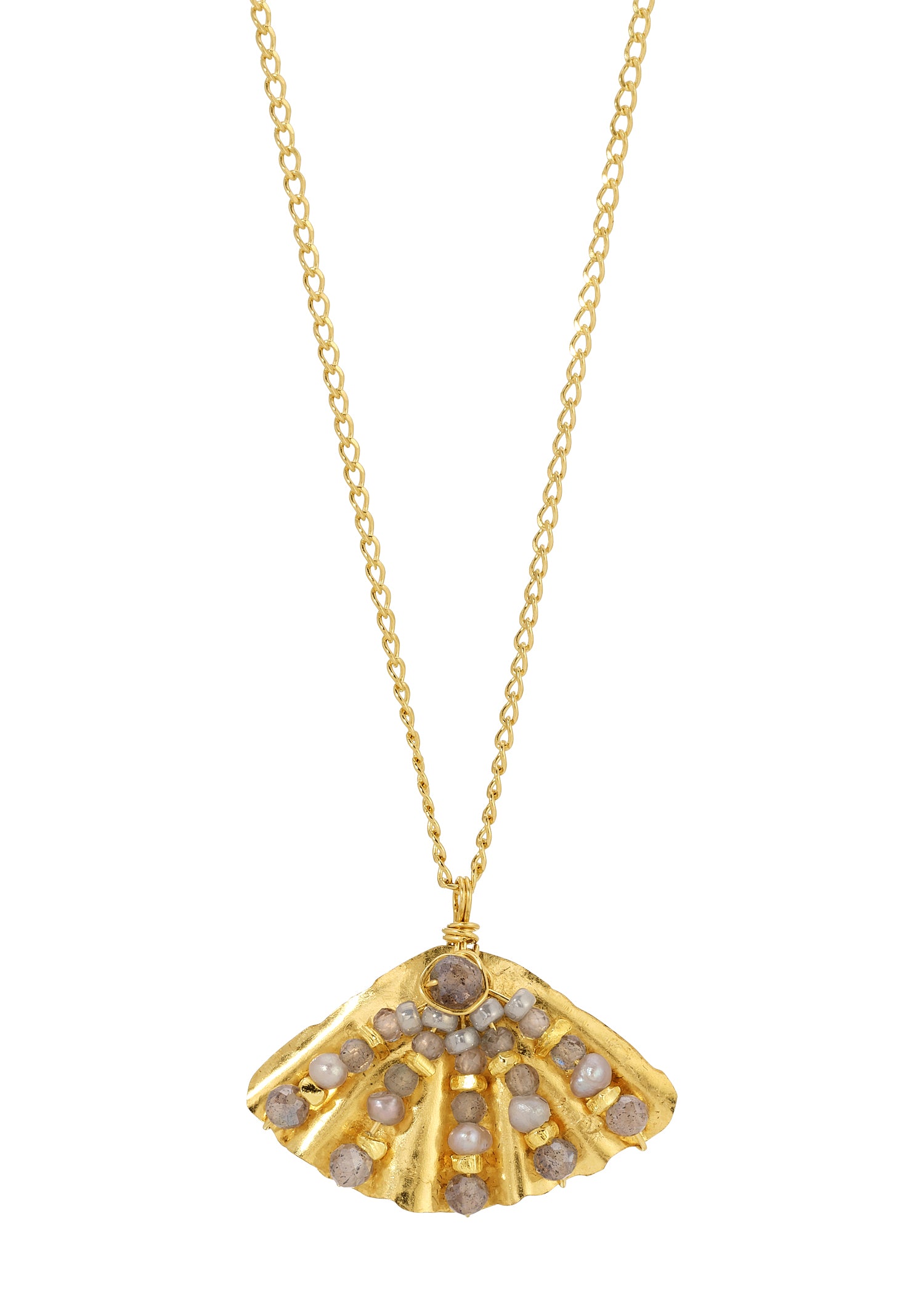 Shell necklace with labradorite, zircon, and pearls on a 14k gold fill chain with a ruffled, hand wire-wrapped pendant.