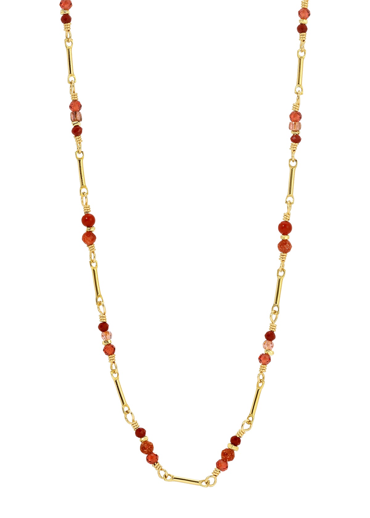 Short dot dash necklace with red garnet, jasper, and gold stone beads on 14k gold fill links, 16 inches long.