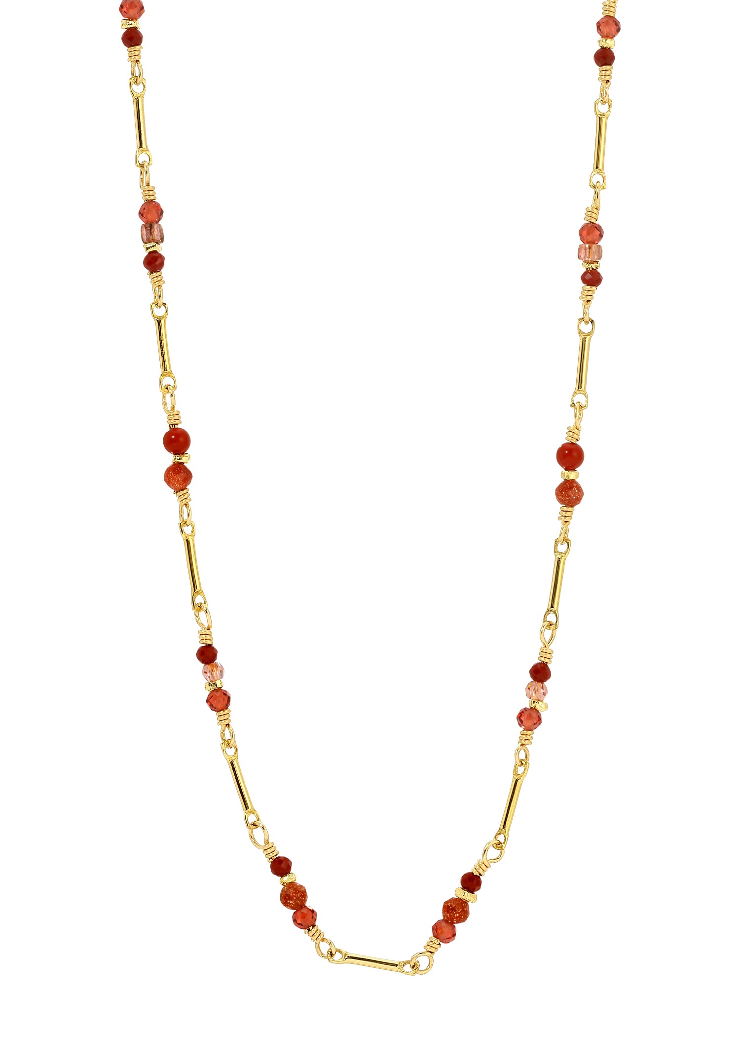 Short dot dash necklace with red garnet, jasper, and gold stone beads on 14k gold fill links, 16 inches long.