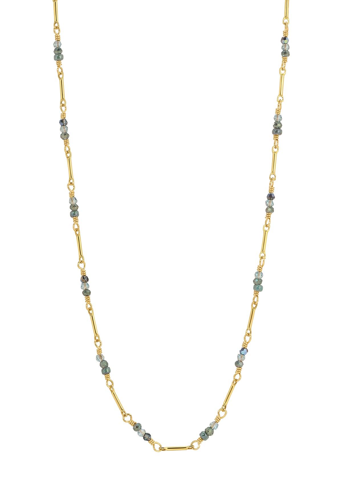 Crystal seed bead necklace in 14k gold fill featuring juniper green beads and elongated gold links with hand wire-wrapped details.
