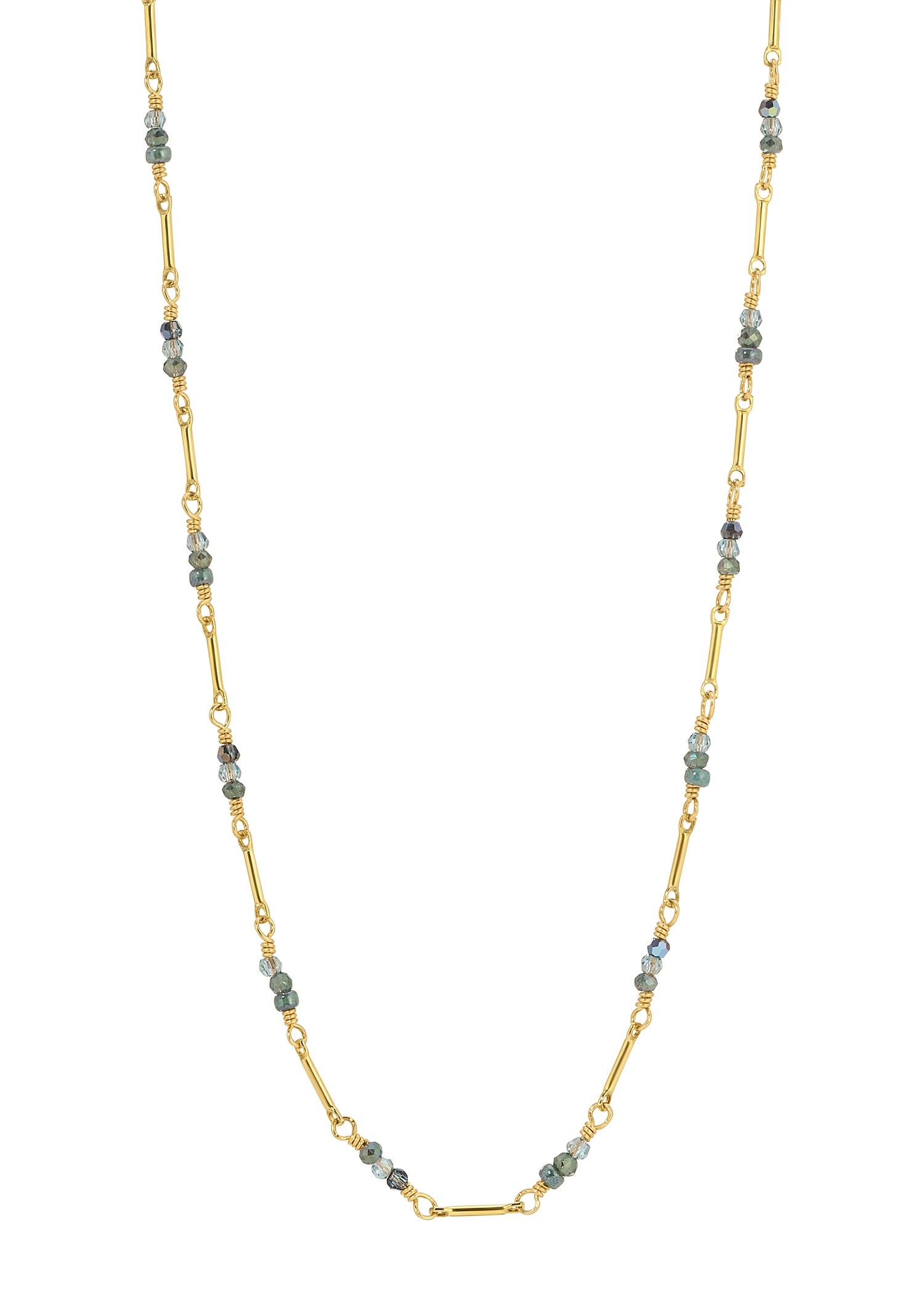 Crystal seed bead necklace in 14k gold fill featuring juniper green beads and elongated gold links with hand wire-wrapped details.